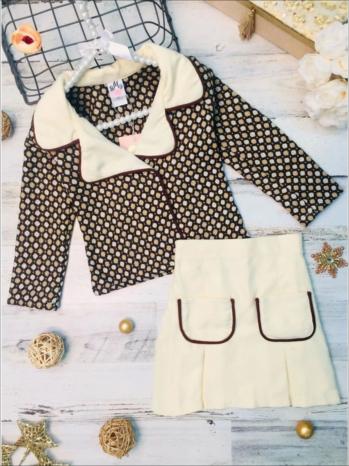 Girls Preppy Mocha And Beige Polka Dot Tweed Collared Blazer And Matching Pleated Pocket Skirt Set