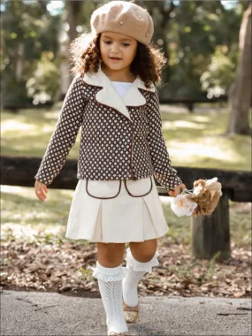 Girls Preppy Mocha And Beige Polka Dot Tweed Collared Blazer And Matching Pleated Pocket Skirt Set