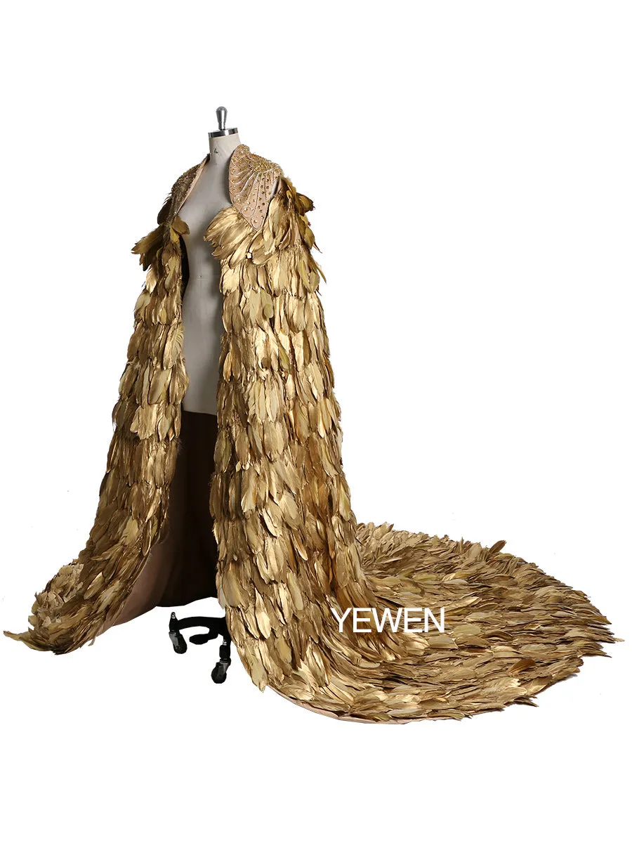 Gold Color Sweep Train Crystal Beads Wedding Cape Yewen