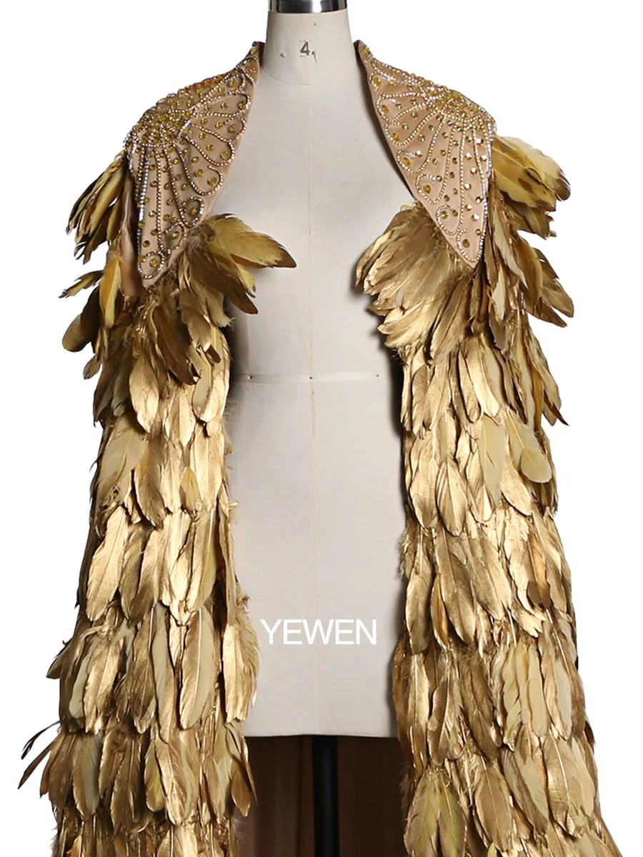 Gold Color Sweep Train Crystal Beads Wedding Cape Yewen