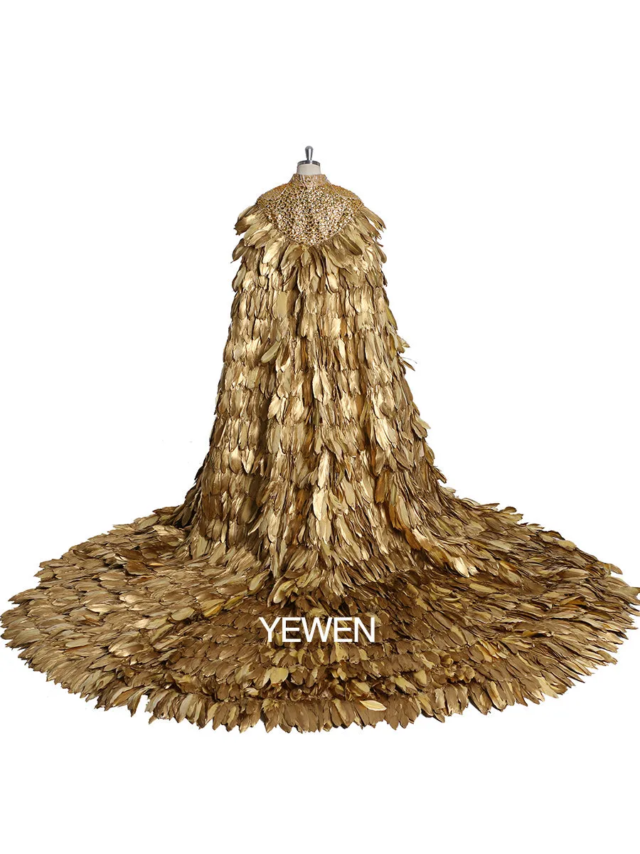 Gold Color Sweep Train Crystal Beads Wedding Cape Yewen