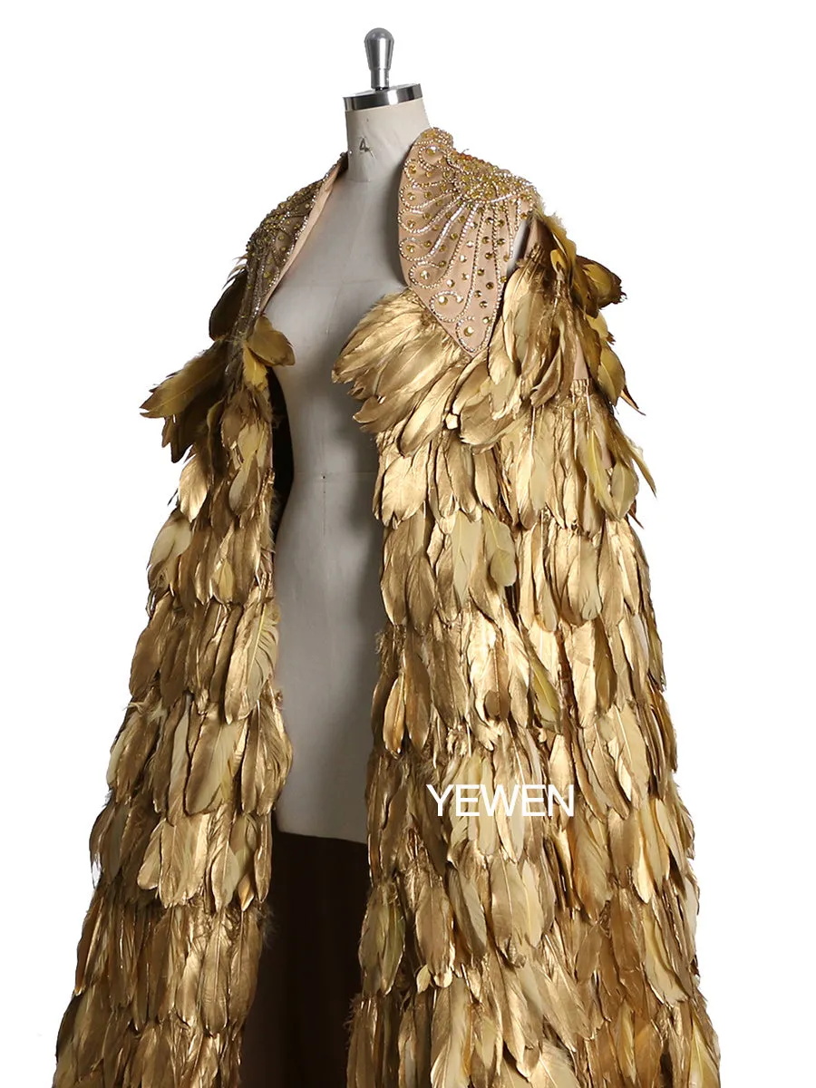 Gold Color Sweep Train Crystal Beads Wedding Cape Yewen