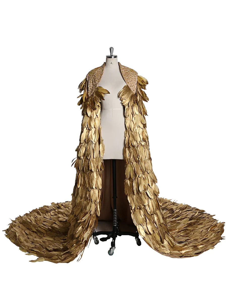 Gold Color Sweep Train Crystal Beads Wedding Cape Yewen