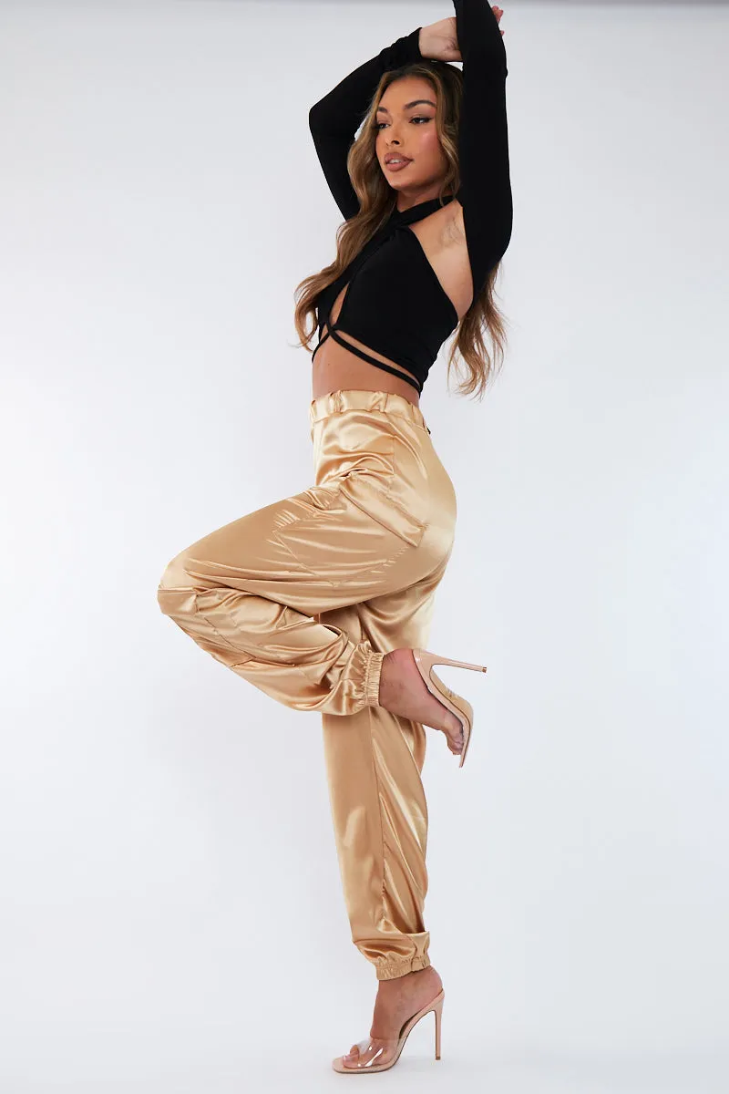 Gold Satin Cargo Trousers - Maeve