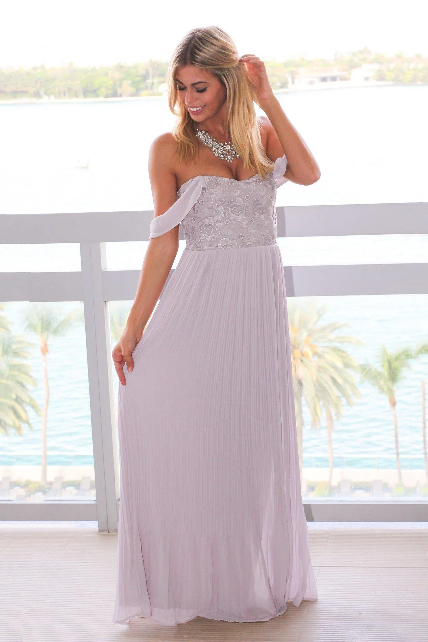 Gray Crochet Pleated Maxi Dress