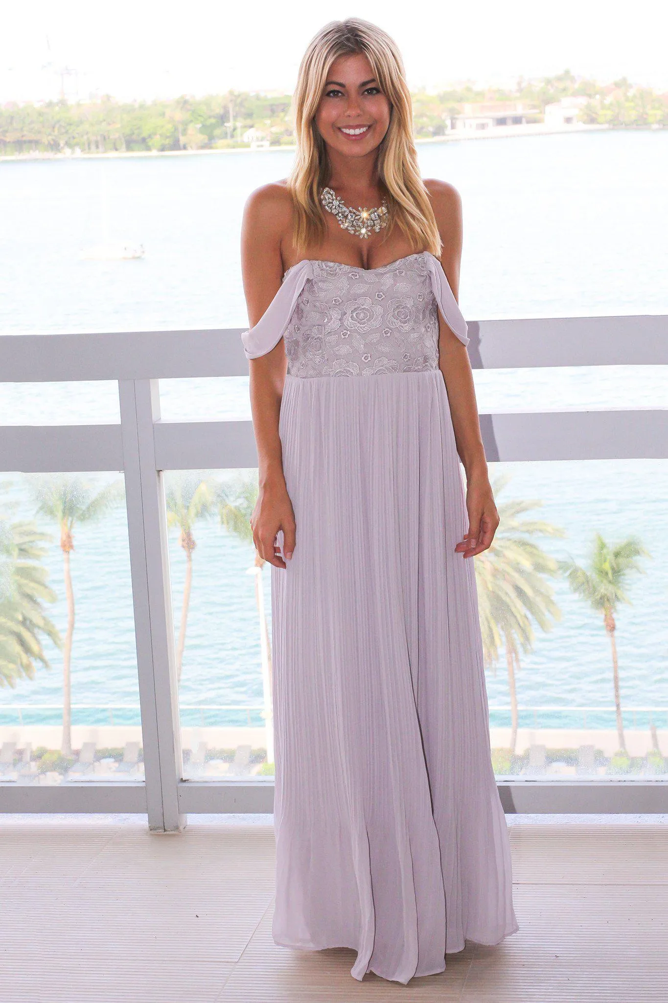 Gray Crochet Pleated Maxi Dress