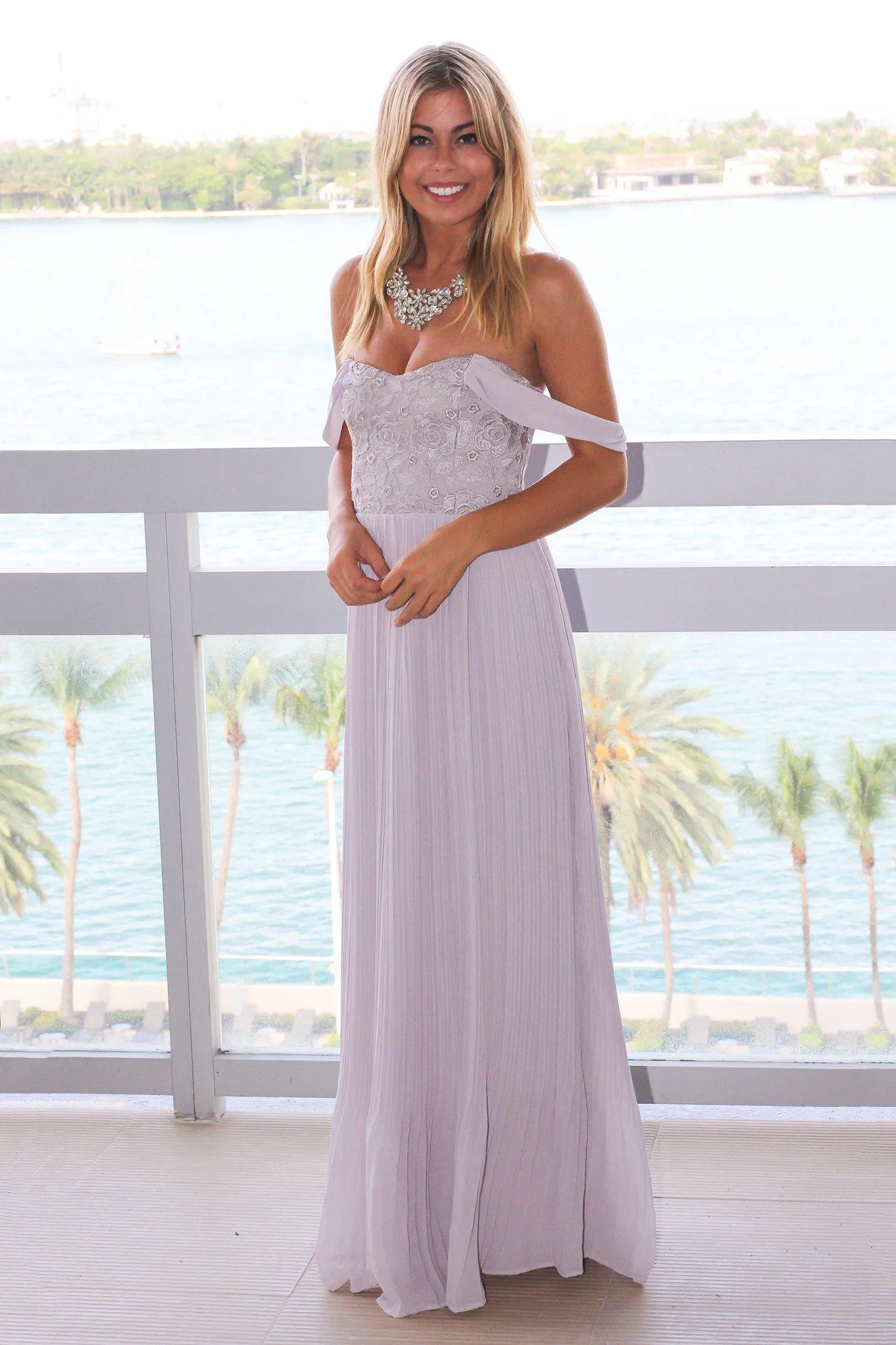 Gray Crochet Pleated Maxi Dress