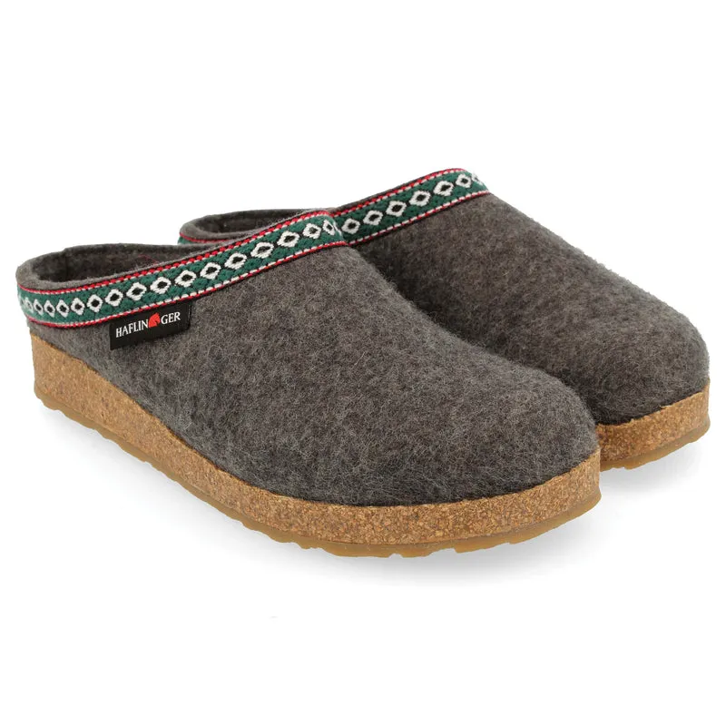 Haflinger Grizzly Hard Sole Wool Slipper in Grey & Bordo