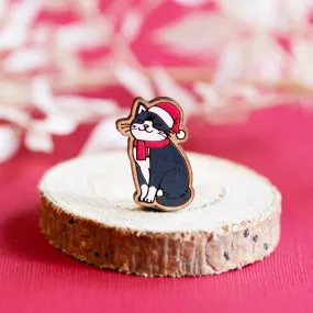 Hand-painted Black Cat with Red Scarf Christmas Cherry Wood Pin Badge - PL40262