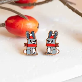 Hand-painted Christmas Bunny with Scarf Wooden Earrings - PEL10356