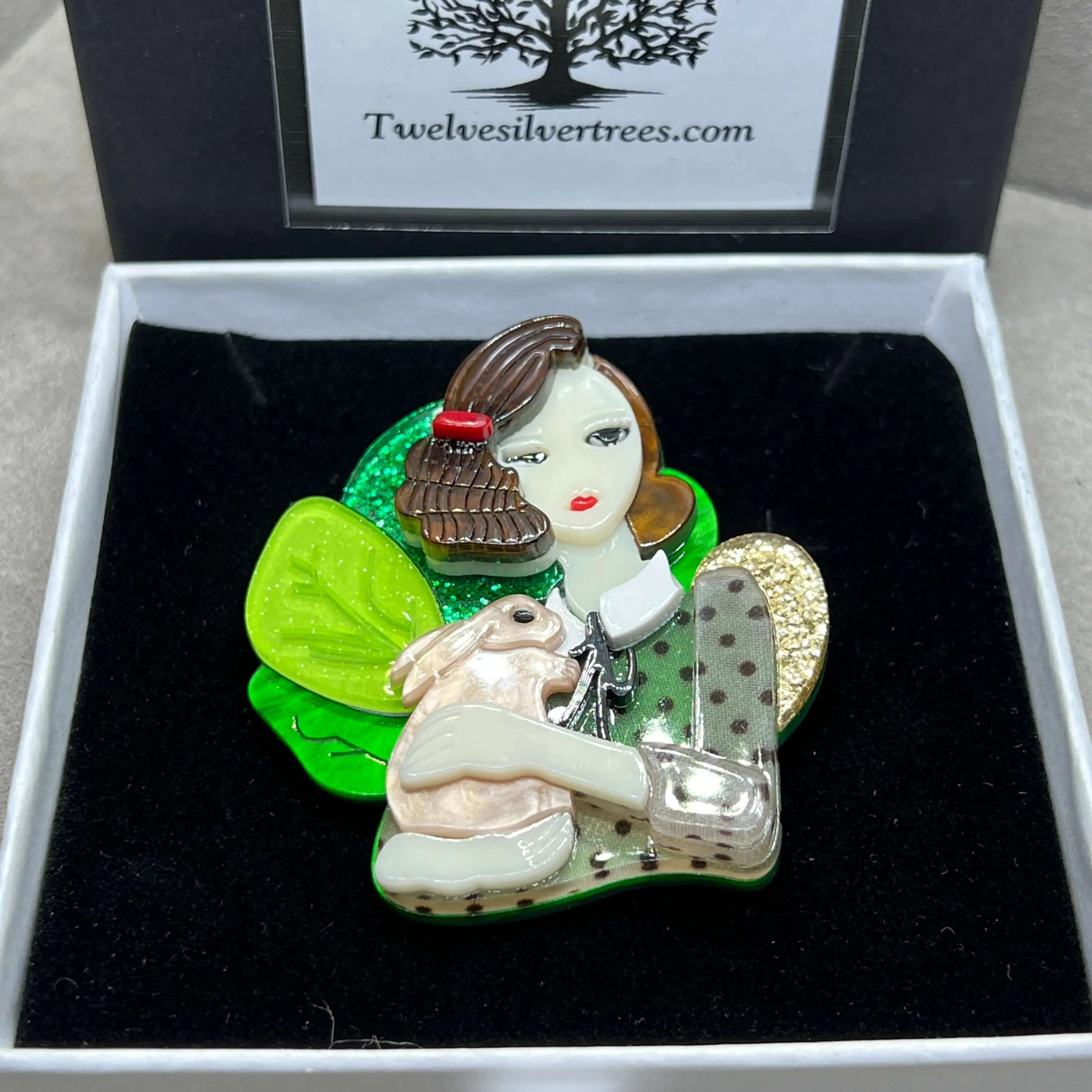 Handmade Acrylic Art Brooch - Deco Lady With Rabbit