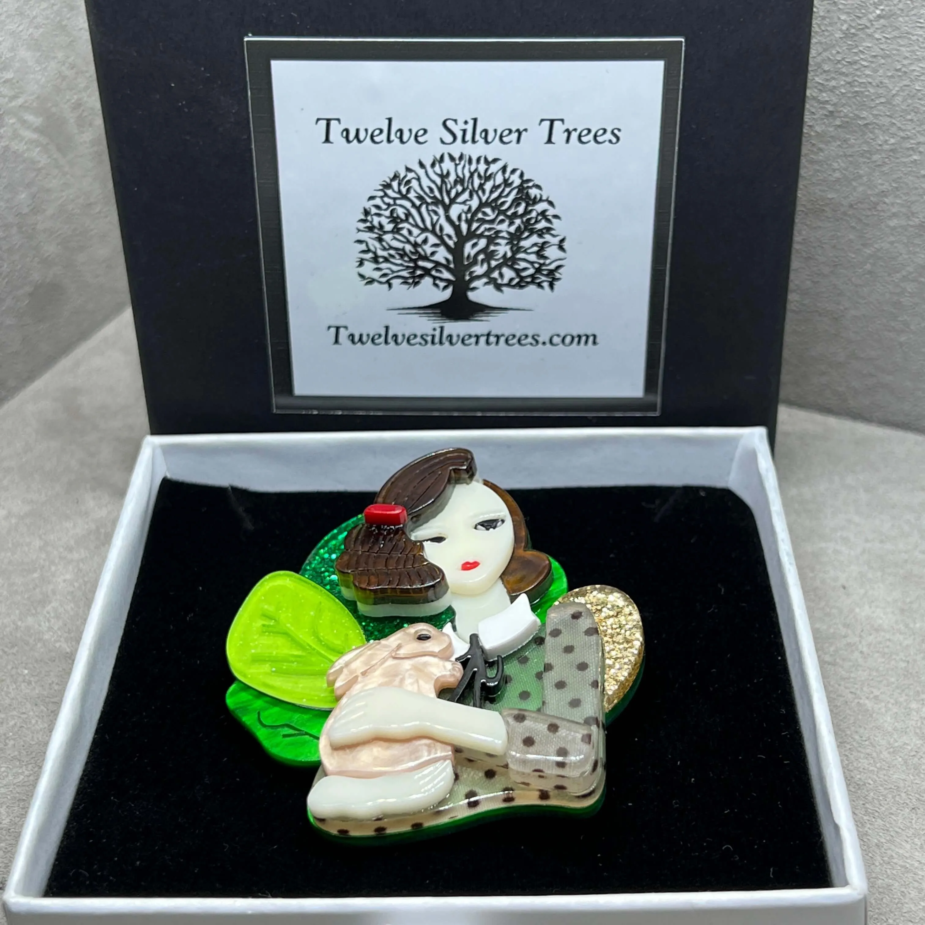 Handmade Acrylic Art Brooch - Deco Lady With Rabbit