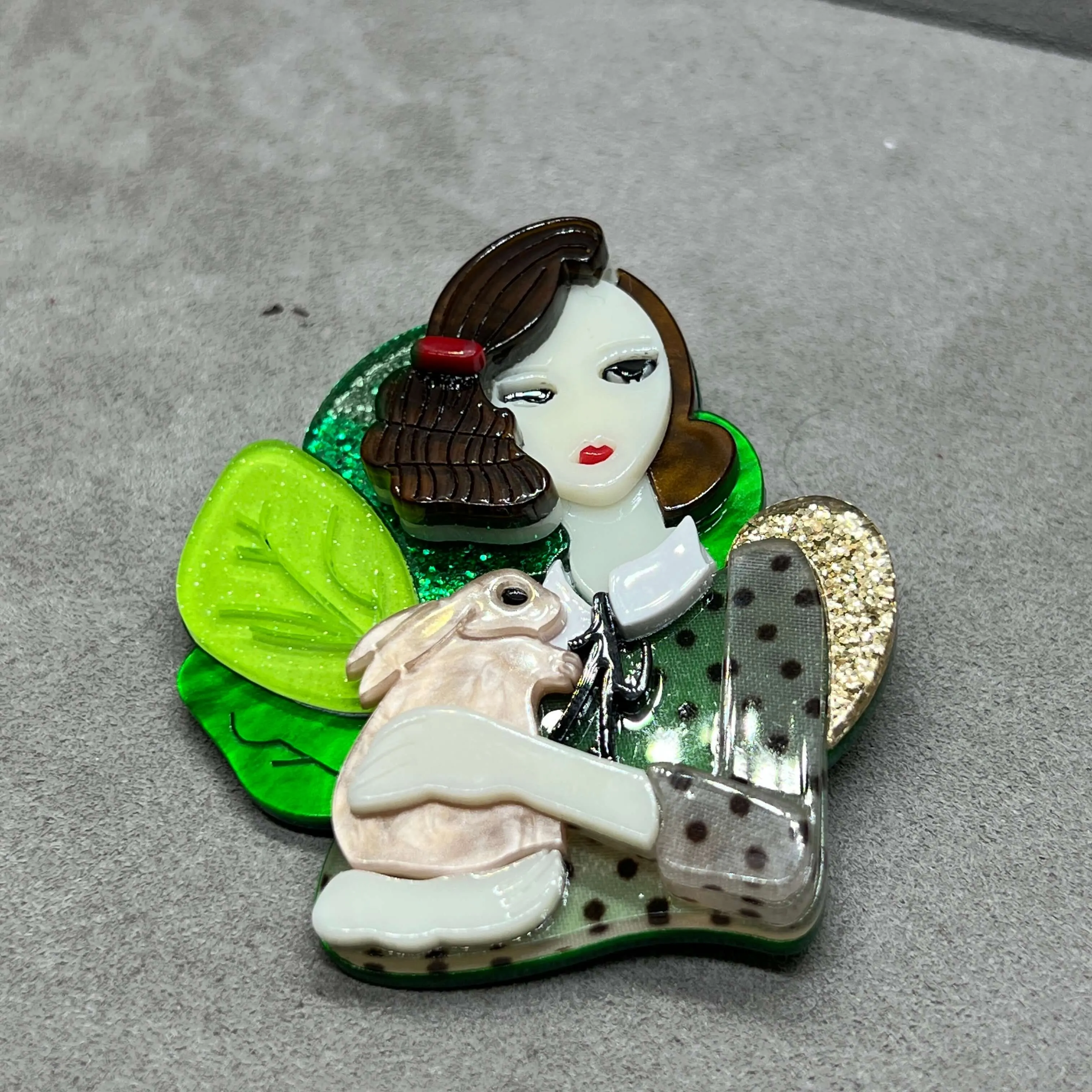 Handmade Acrylic Art Brooch - Deco Lady With Rabbit