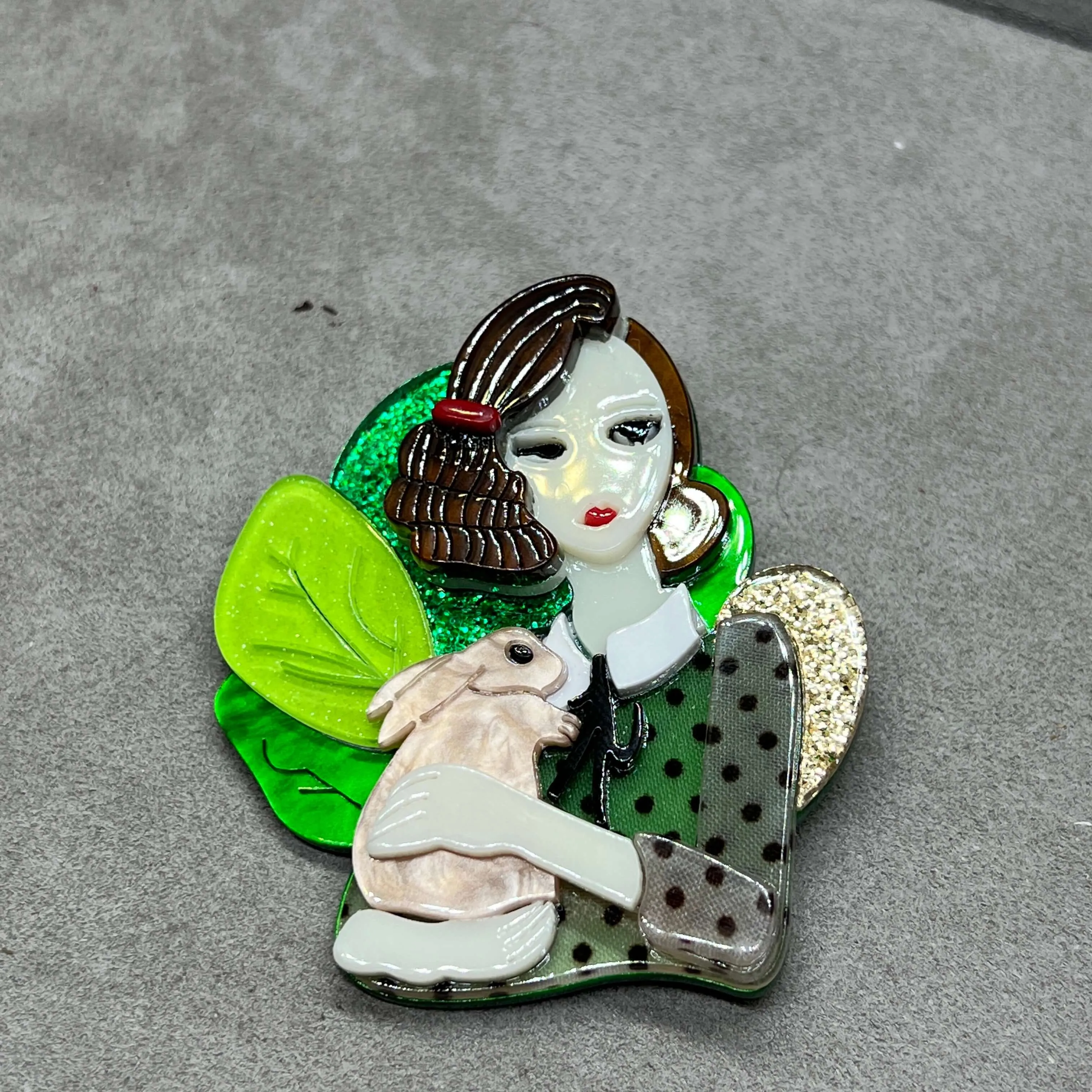 Handmade Acrylic Art Brooch - Deco Lady With Rabbit