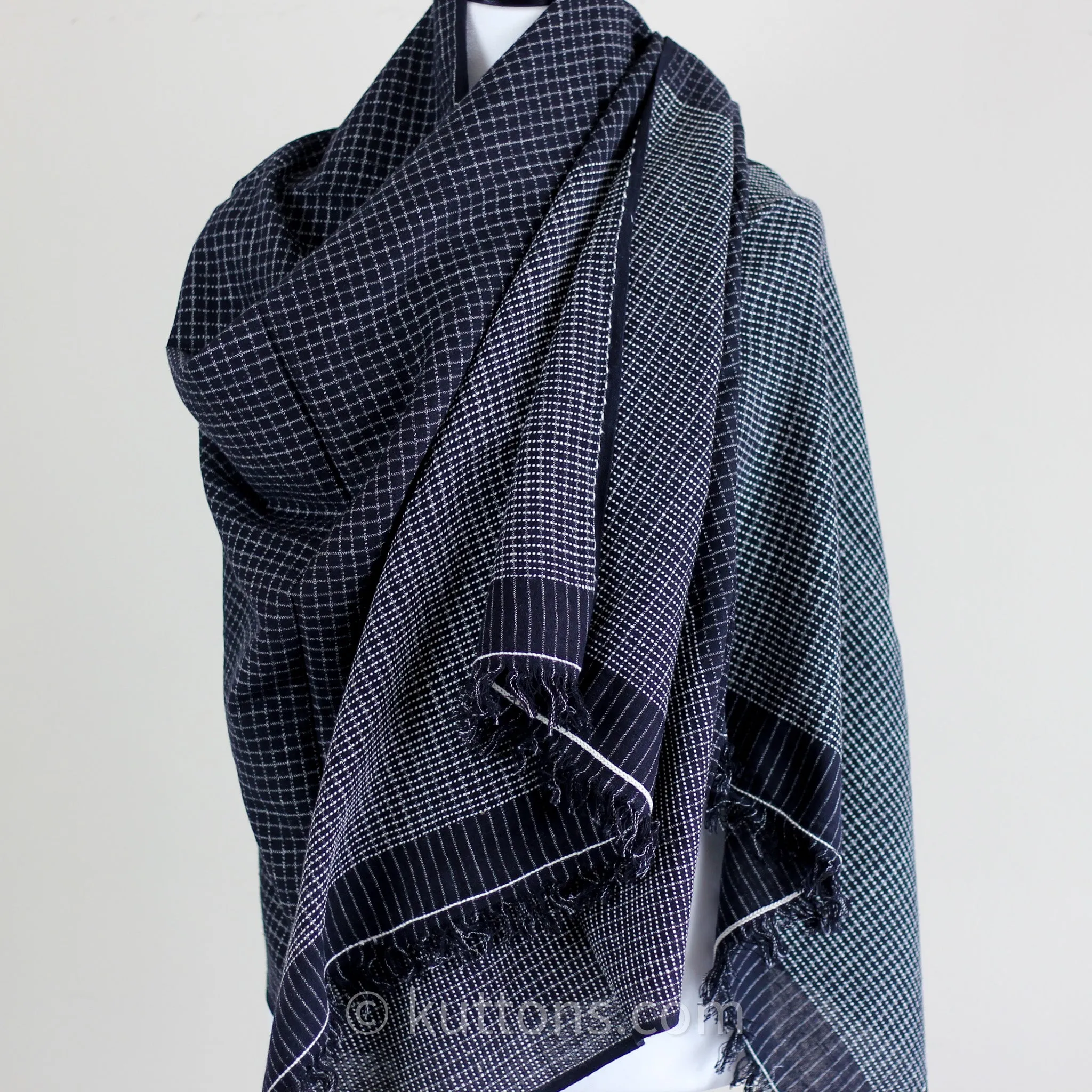 Handspun & Handwoven Cotton Scarf with Frayed Edges - Azo-Free Dyes - Elegant Stole for Style and Comfort | Black, 28x80"