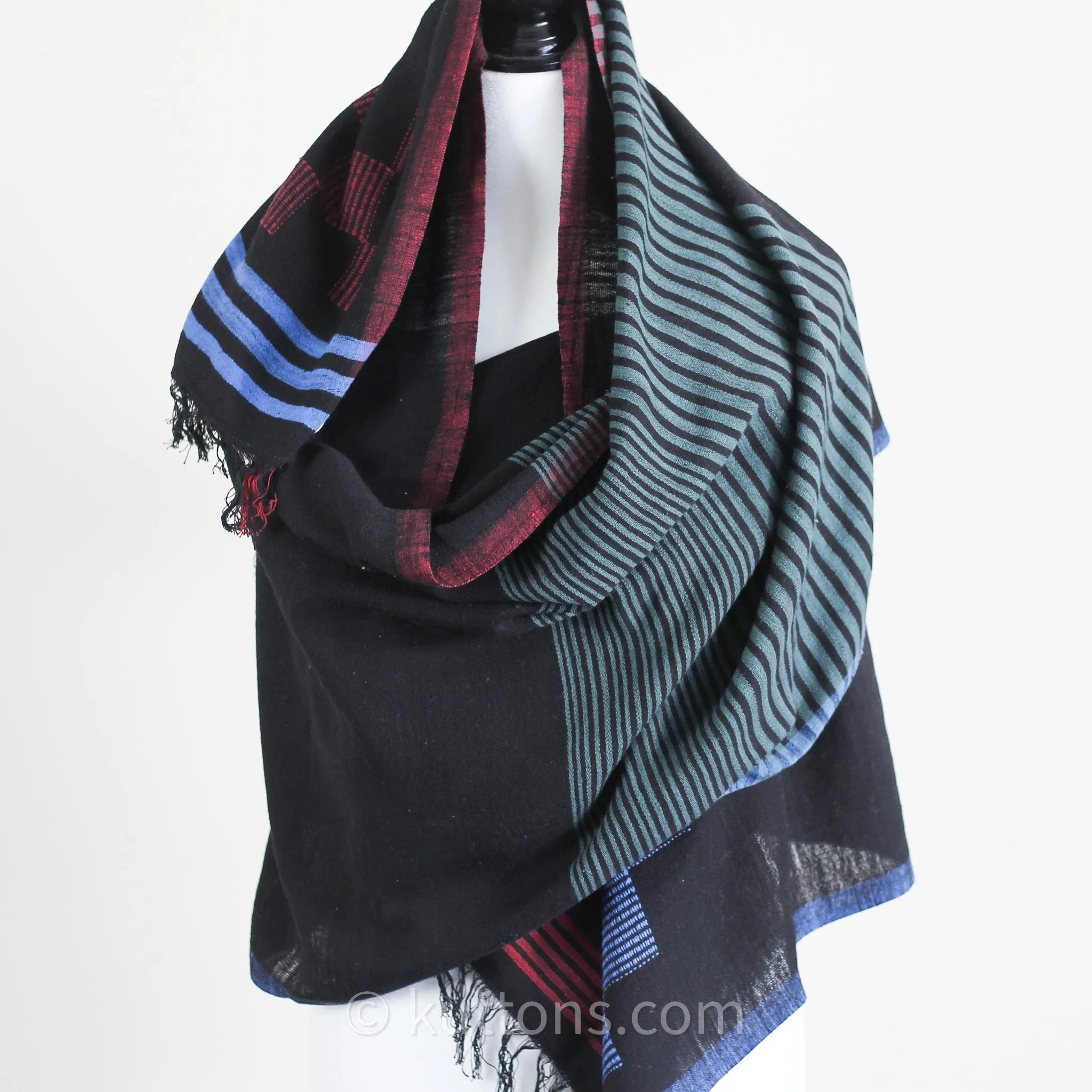 Handspun & Handwoven Cotton Scarf with Frayed Edges - Azo Free Vat Dyes | Black-Blue, 24x82"