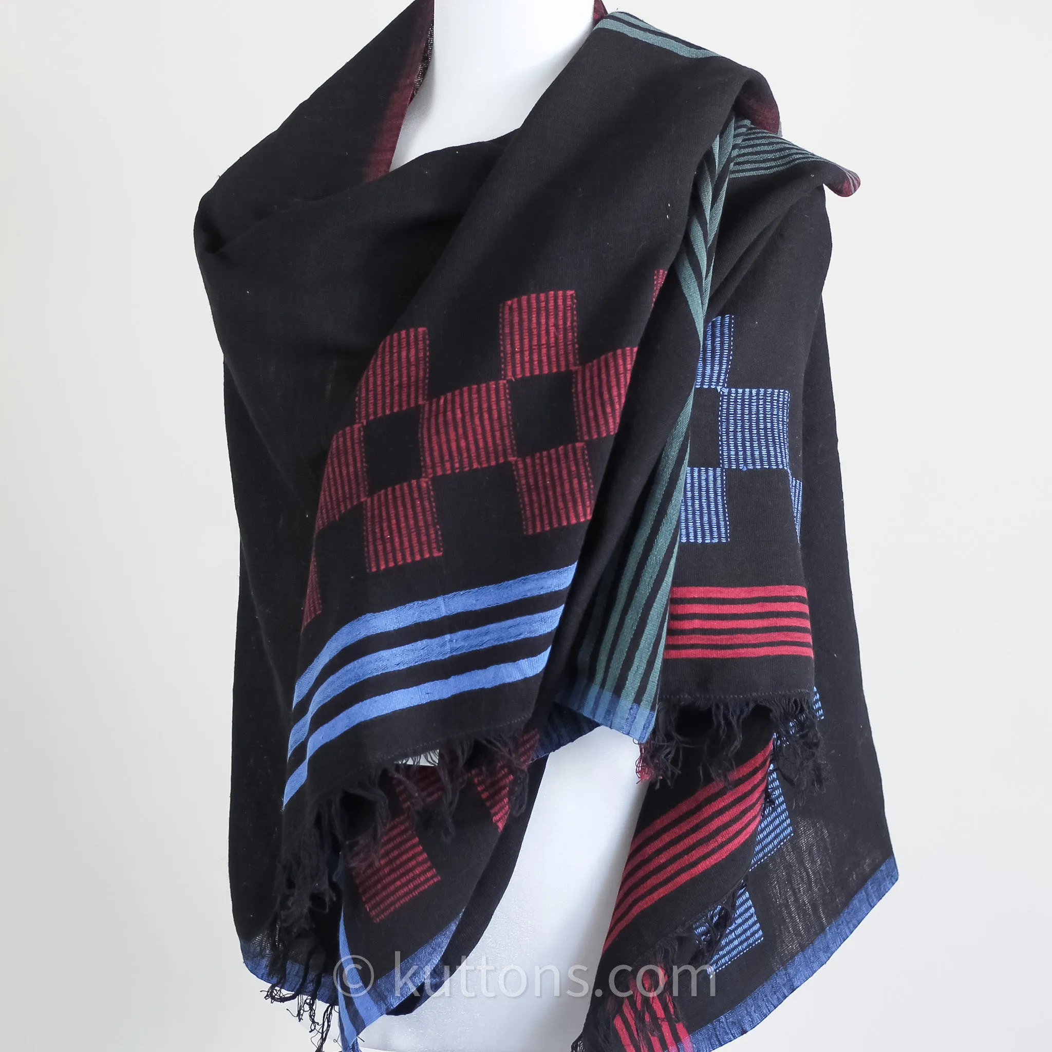 Handspun & Handwoven Cotton Scarf with Frayed Edges - Azo Free Vat Dyes | Black-Blue, 24x82"