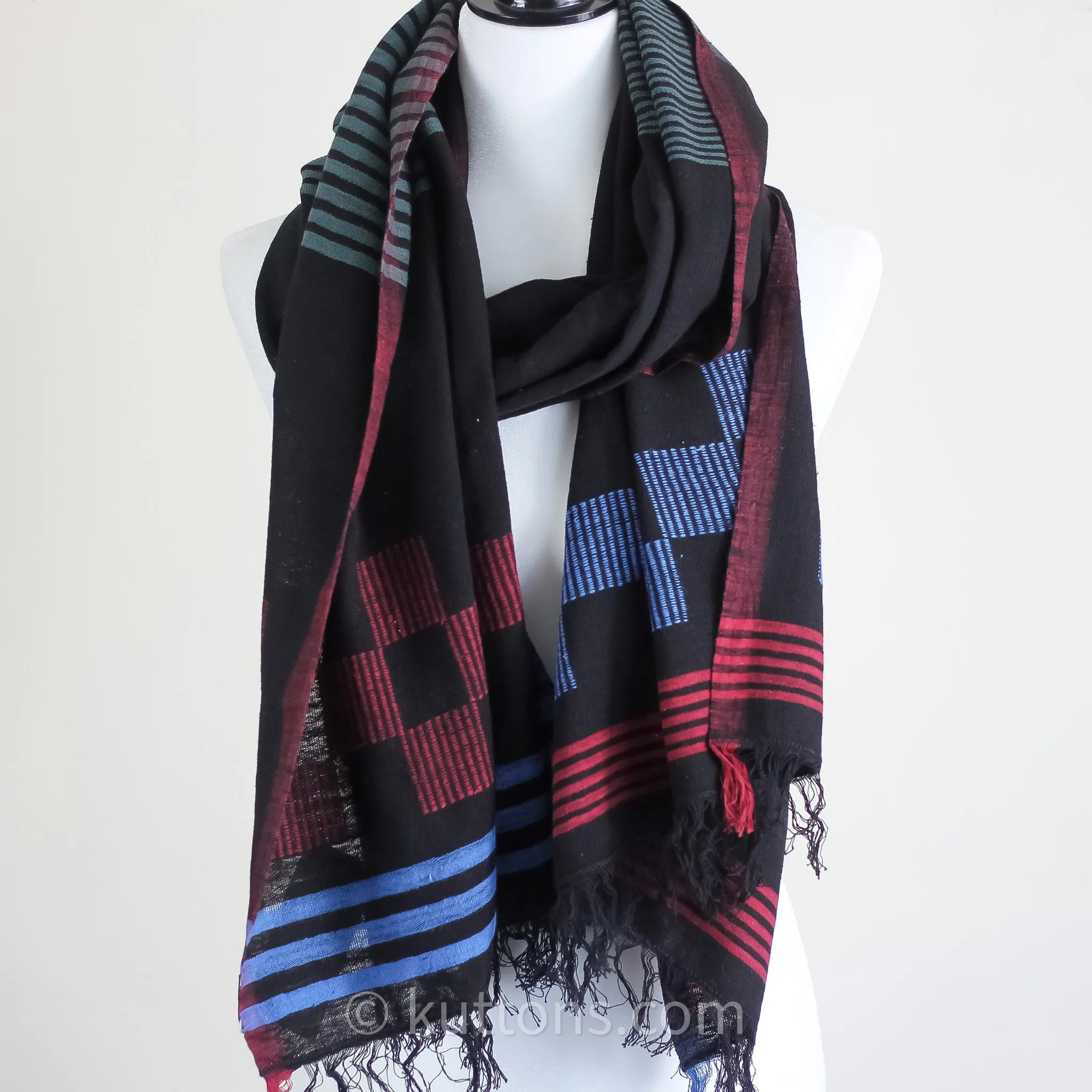 Handspun & Handwoven Cotton Scarf with Frayed Edges - Azo Free Vat Dyes | Black-Blue, 24x82"