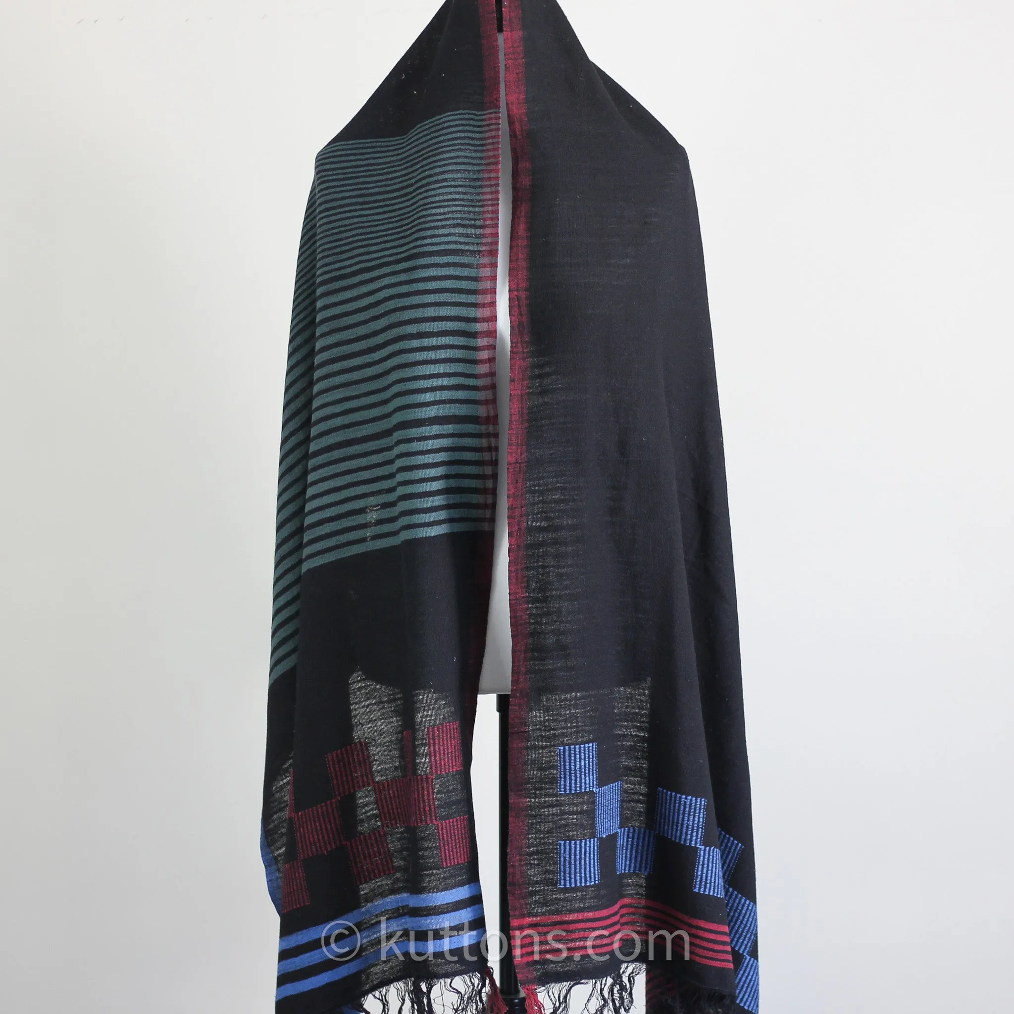 Handspun & Handwoven Cotton Scarf with Frayed Edges - Azo Free Vat Dyes | Black-Blue, 24x82"