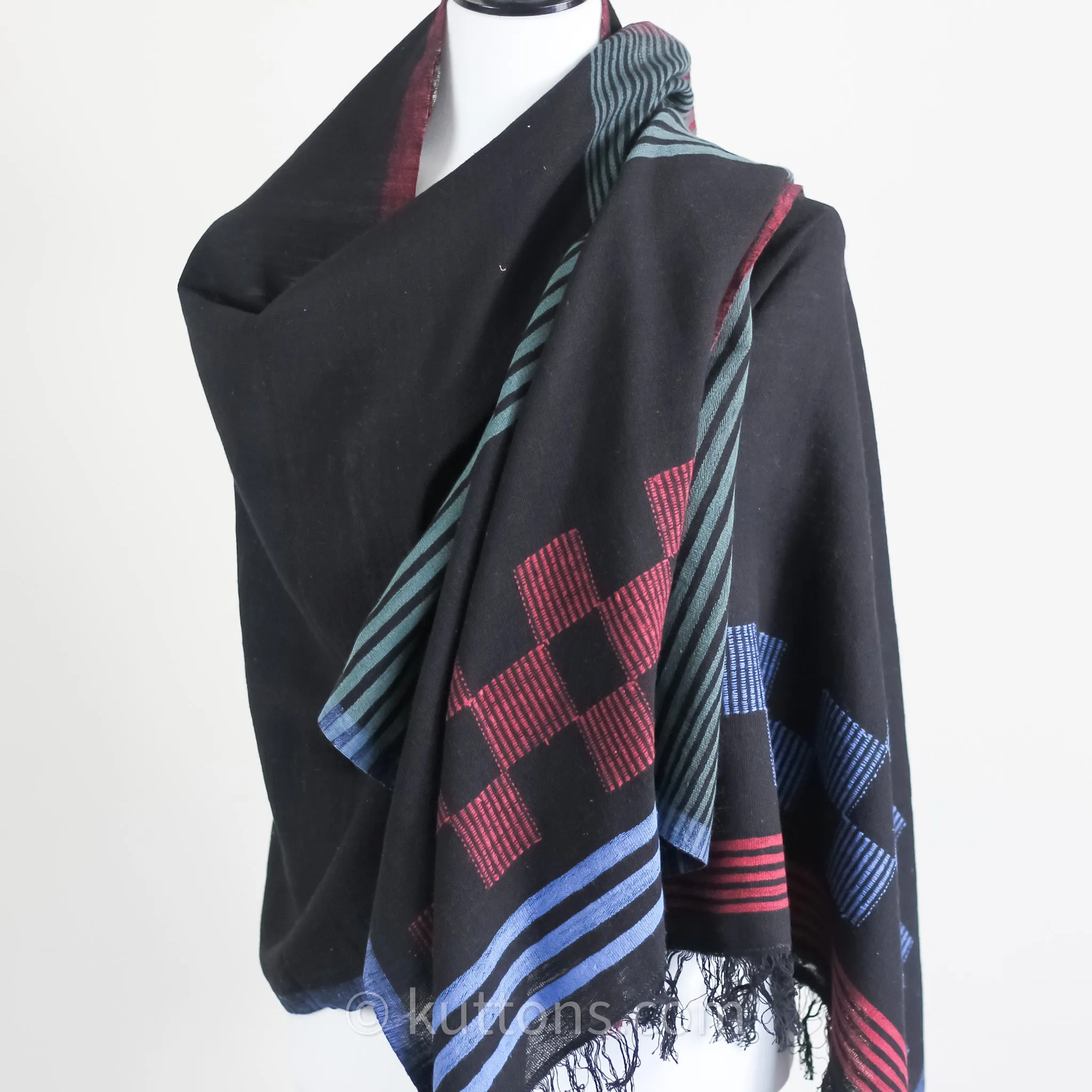 Handspun & Handwoven Cotton Scarf with Frayed Edges - Azo Free Vat Dyes | Black-Blue, 24x82"