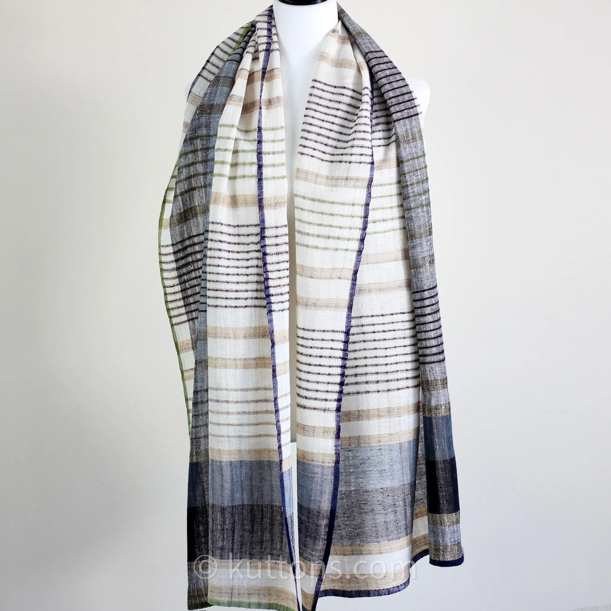 Handspun & Handwoven Organic Cotton Scarf - Light & Airy Stole | Cream-Blue, 24x79"