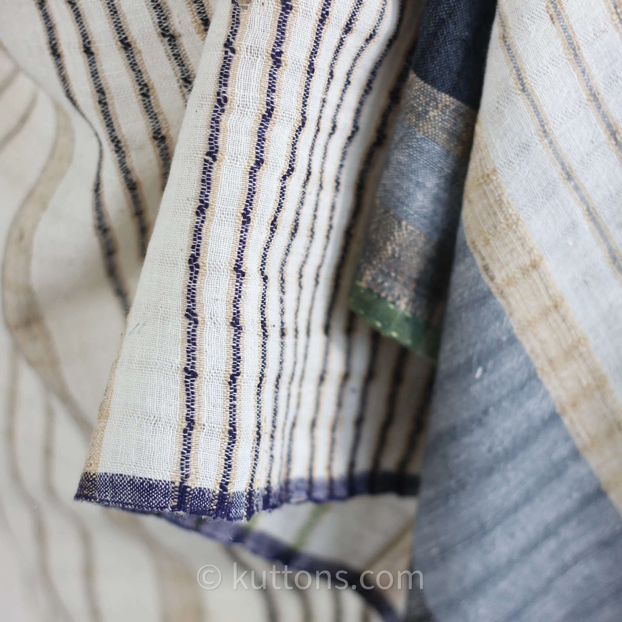 Handspun & Handwoven Organic Cotton Scarf - Light & Airy Stole | Cream-Blue, 24x79"