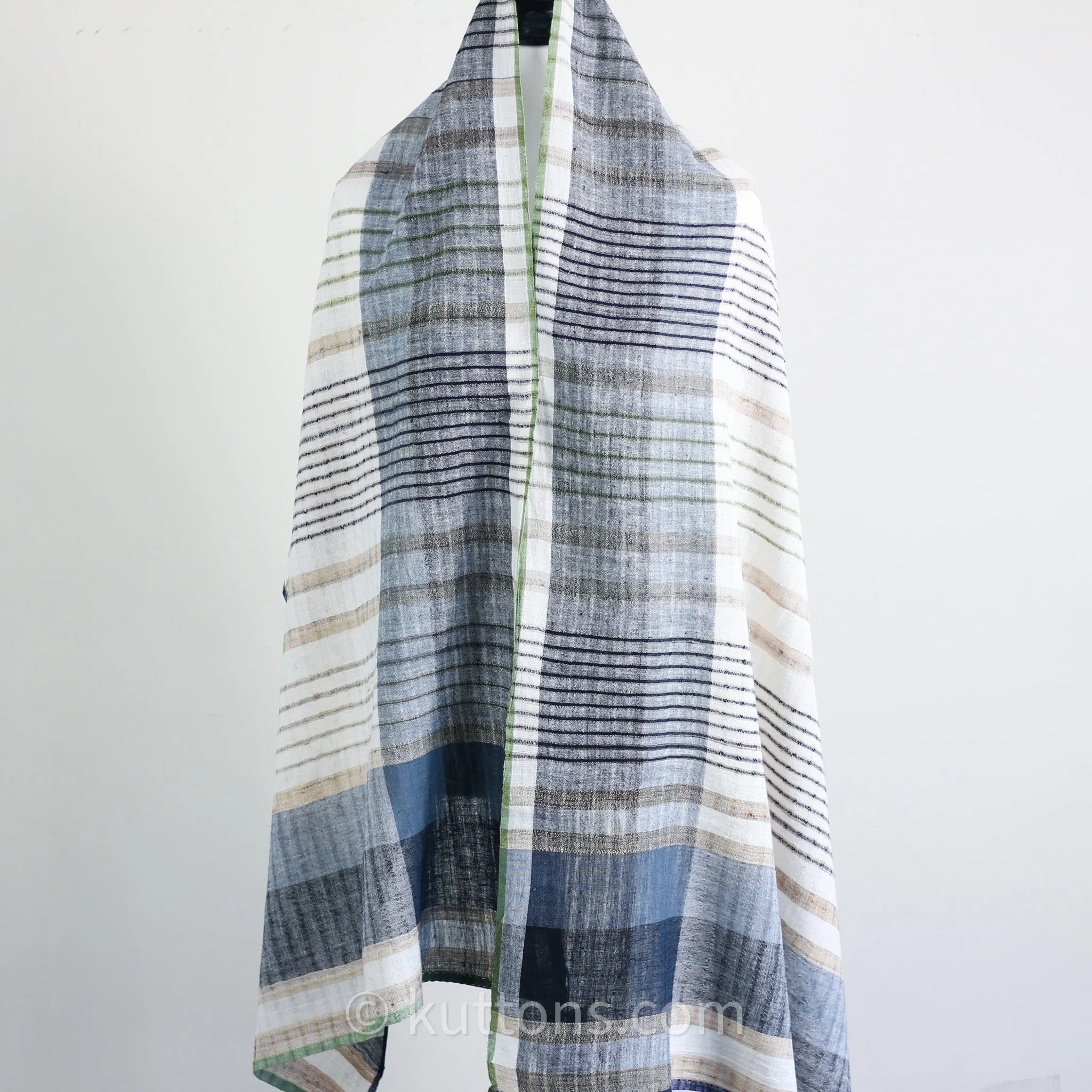 Handspun & Handwoven Organic Cotton Scarf - Light & Airy Stole | Cream-Blue, 24x79"