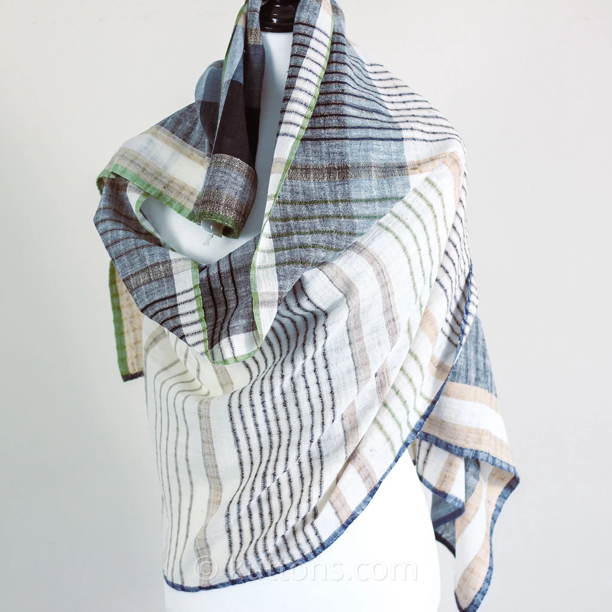 Handspun & Handwoven Organic Cotton Scarf - Light & Airy Stole | Cream-Blue, 24x79"