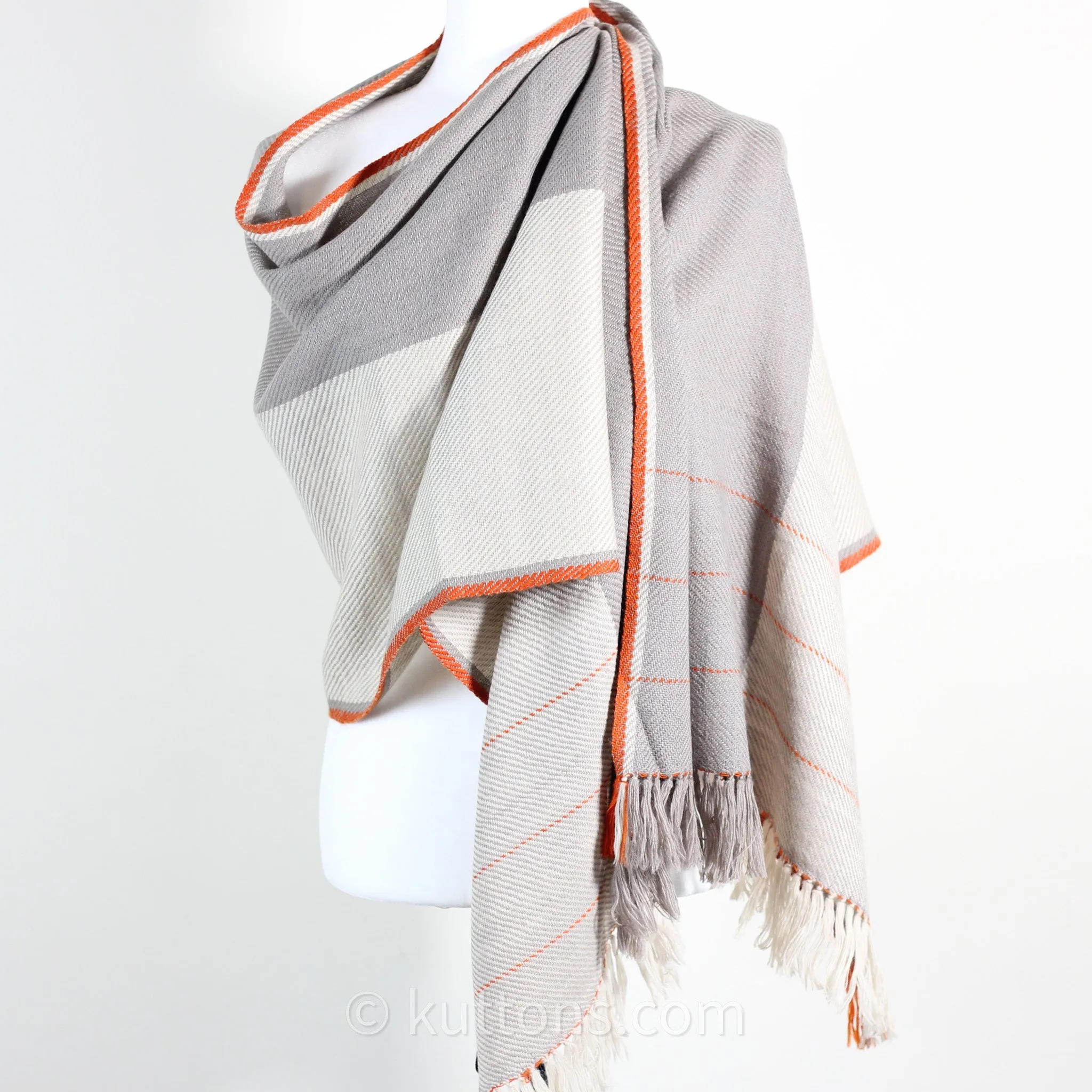 Handwoven Merino-Himalayan Wool Stole - Naturally Dyed Wrap with Tea, Tesu Flowers and Harada | Cream-Gray, 21"x80"