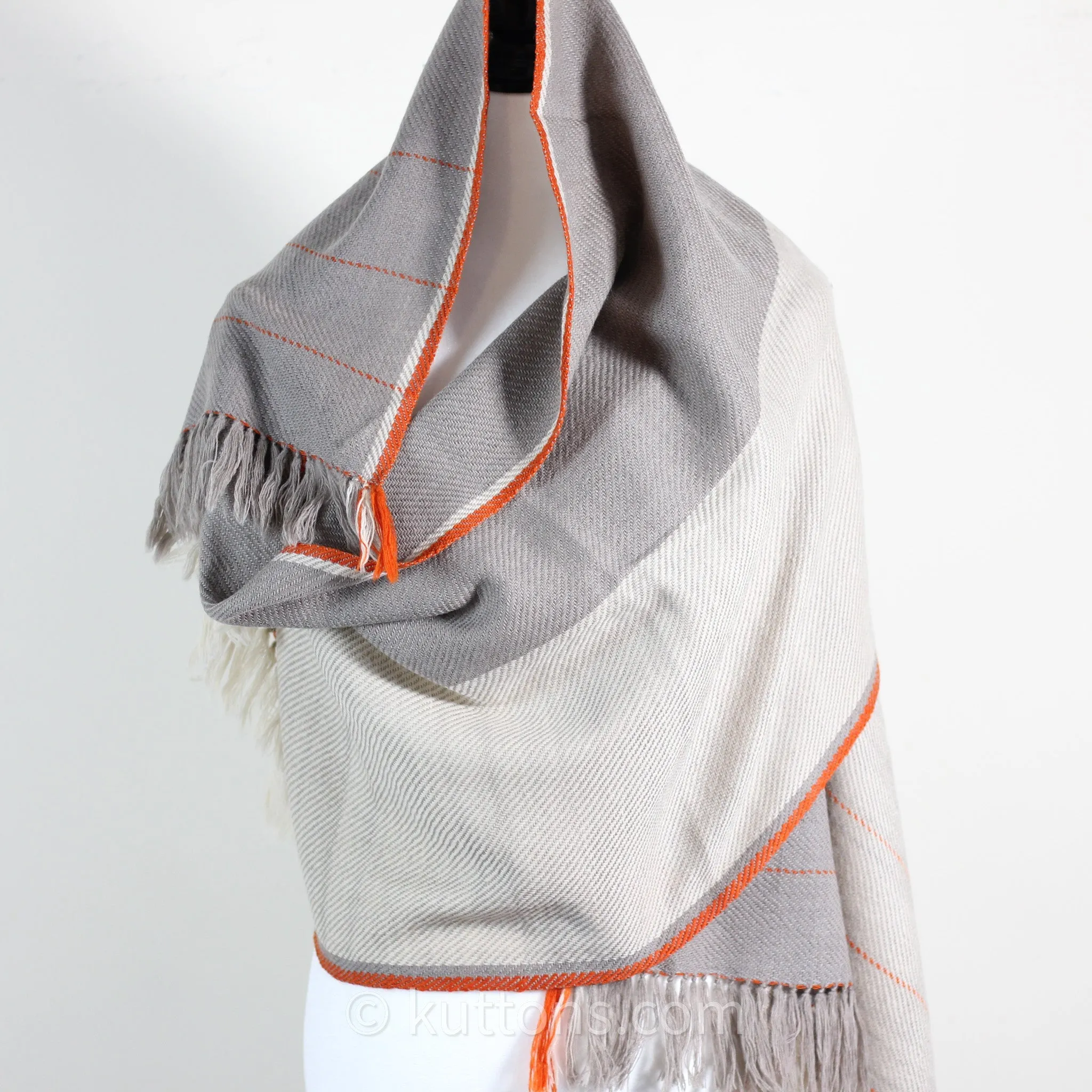 Handwoven Merino-Himalayan Wool Stole - Naturally Dyed Wrap with Tea, Tesu Flowers and Harada | Cream-Gray, 21"x80"