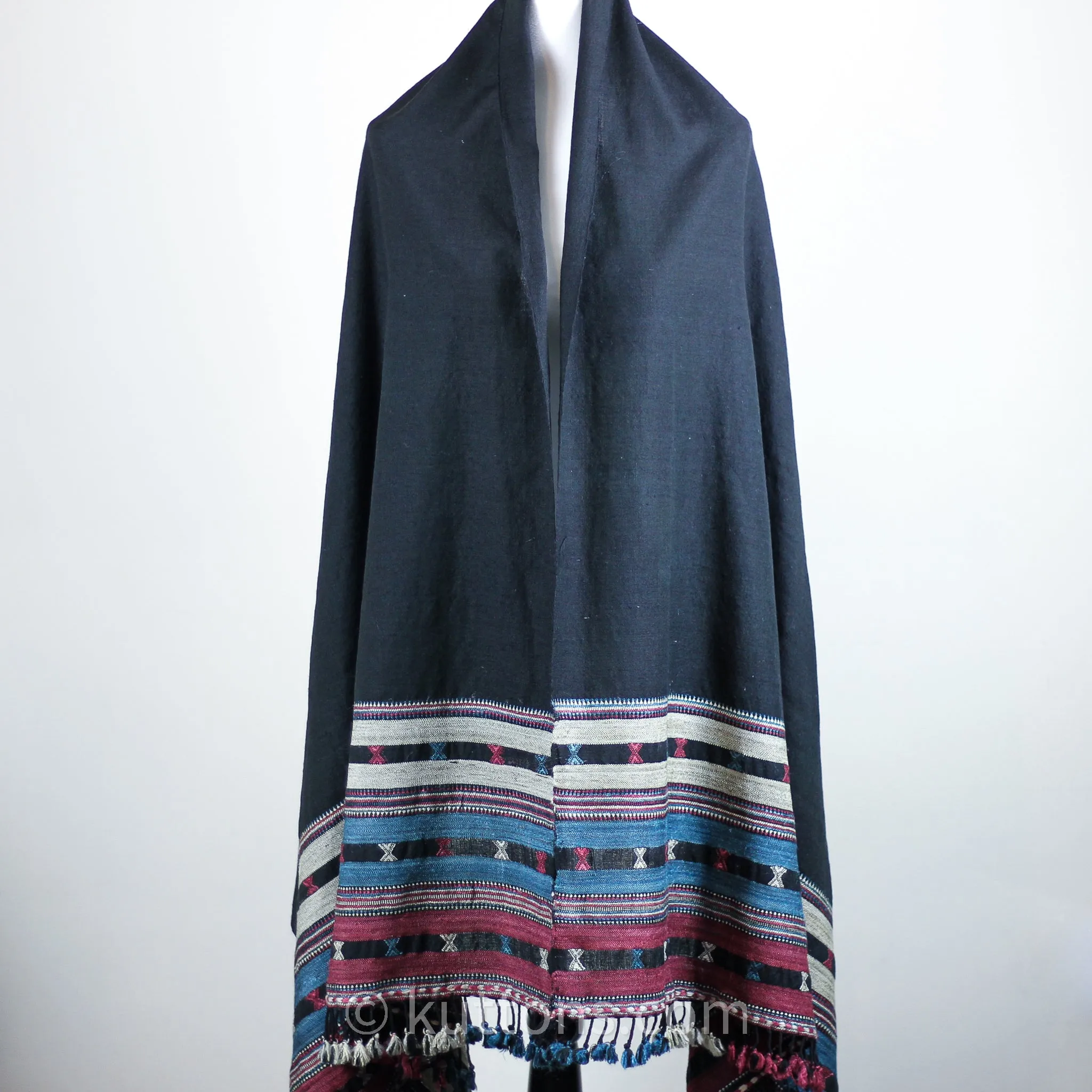 Handwoven Tussar Silk & Merino Wool Ethnic Pagdi Shawl Wrap | Black, 38x85"