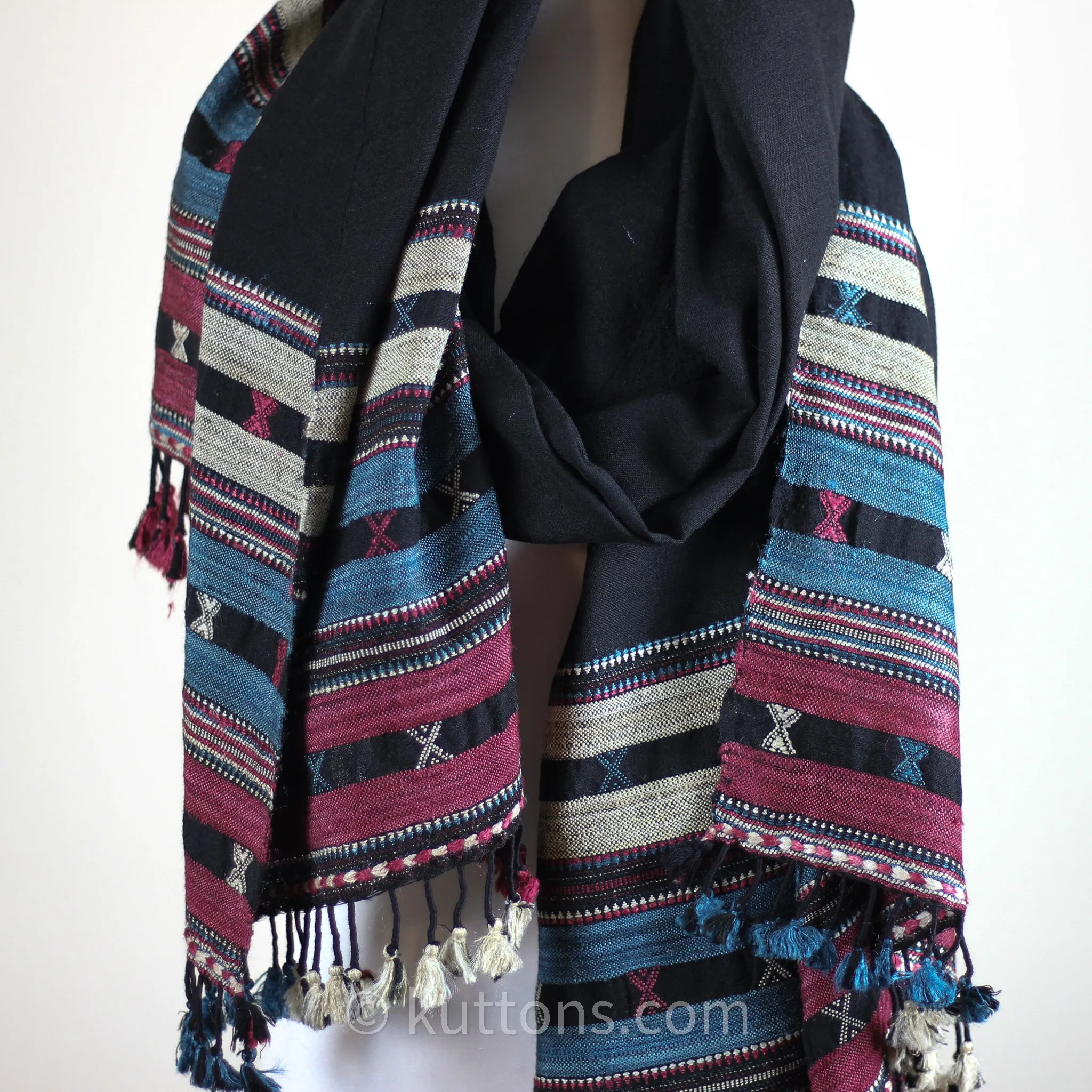 Handwoven Tussar Silk & Merino Wool Ethnic Pagdi Shawl Wrap | Black, 38x85"