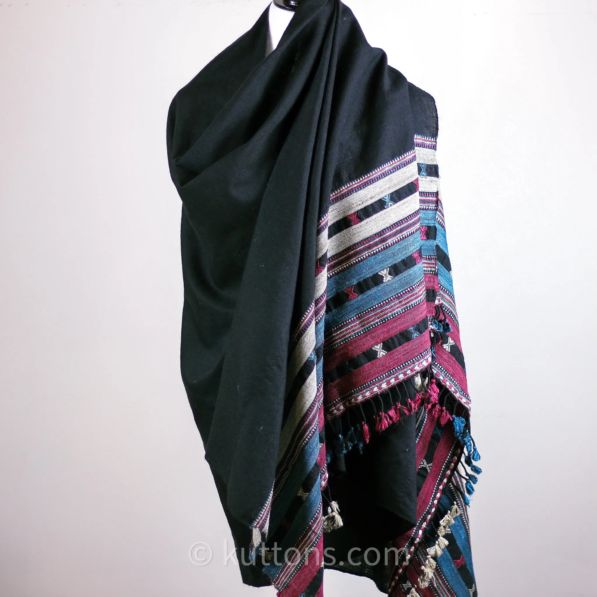 Handwoven Tussar Silk & Merino Wool Ethnic Pagdi Shawl Wrap | Black, 38x85"