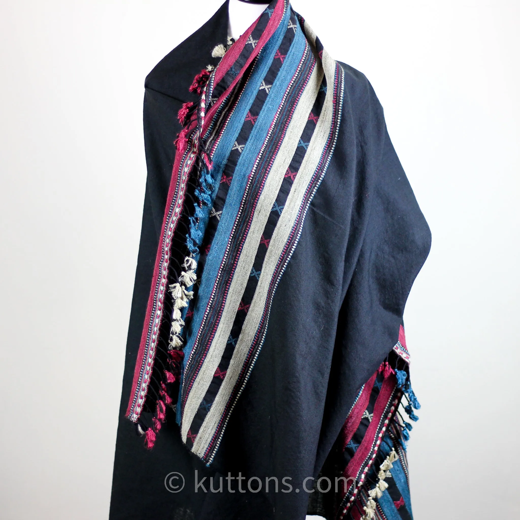 Handwoven Tussar Silk & Merino Wool Ethnic Pagdi Shawl Wrap | Black, 38x85"