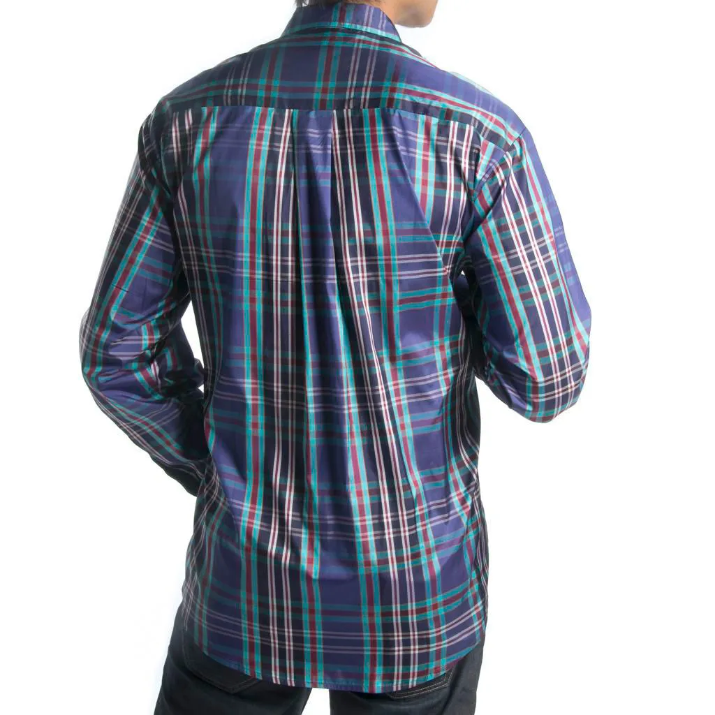 Himalaya Peacock Plaid Blue Silk Mens Shirt