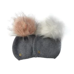 Honeycomb Grey Cashmere Beanie with Faux Fur Pom