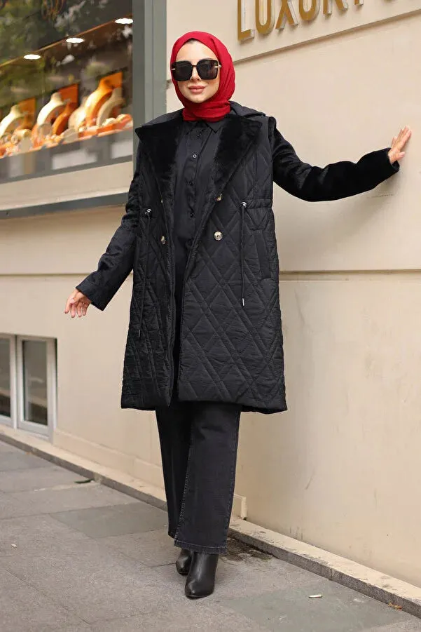 Imajbutik Women's Black Double Breasted Collar Quilted Coat