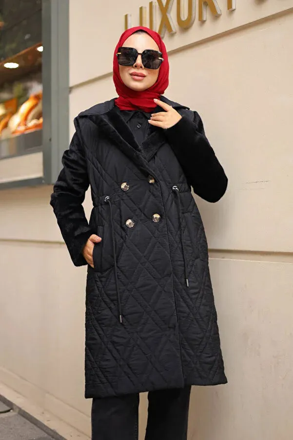 Imajbutik Women's Black Double Breasted Collar Quilted Coat