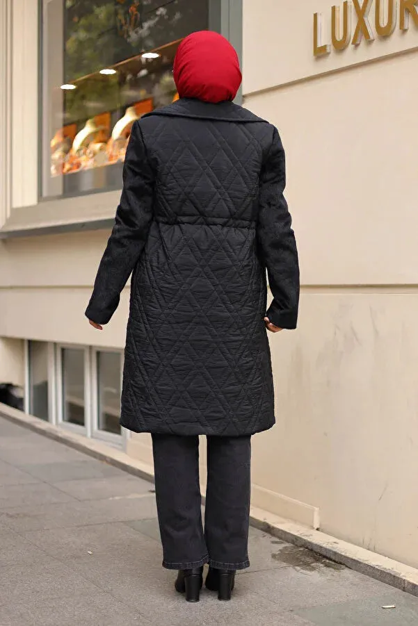 Imajbutik Women's Black Double Breasted Collar Quilted Coat