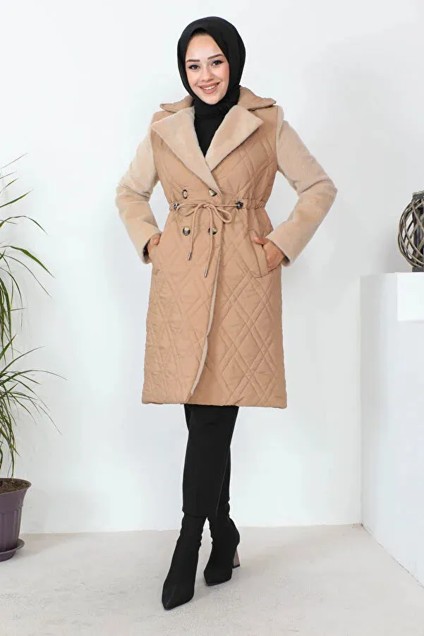 Imajbutik Women's Camel Double Breasted Collar Quilted Coat