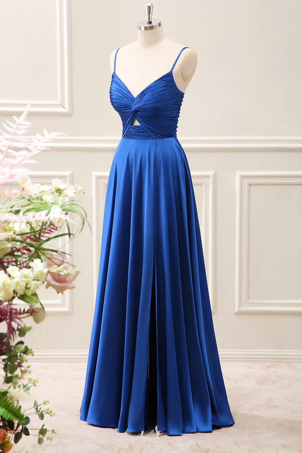 Ink Blue A Line Keyhole Pleated Satin Maxi Dress