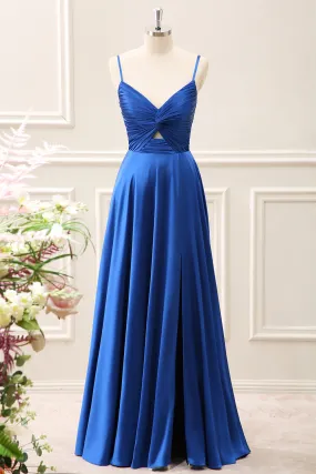 Ink Blue A Line Keyhole Pleated Satin Maxi Dress