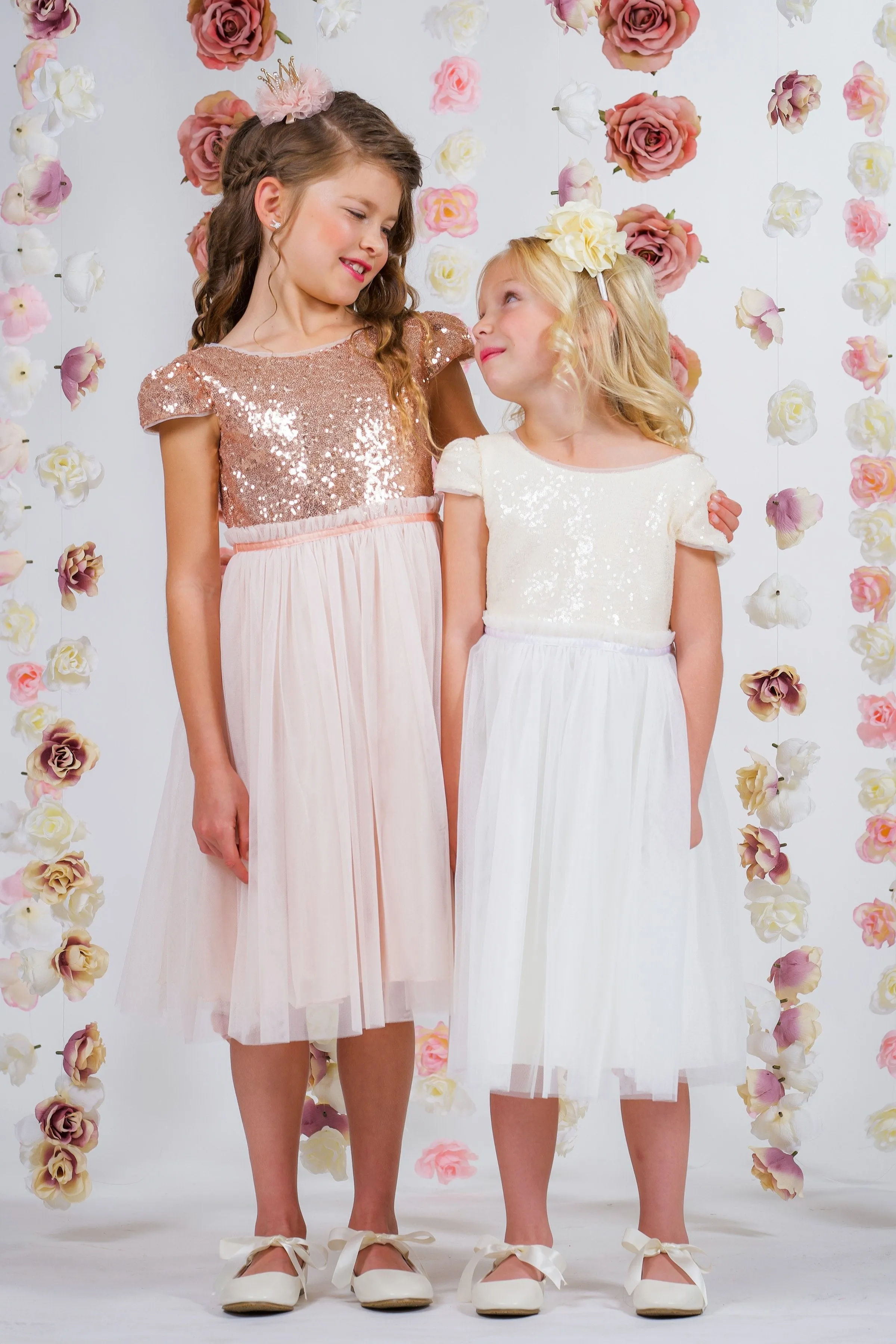 Ivory Sequin Mesh Pleated Girls Dress