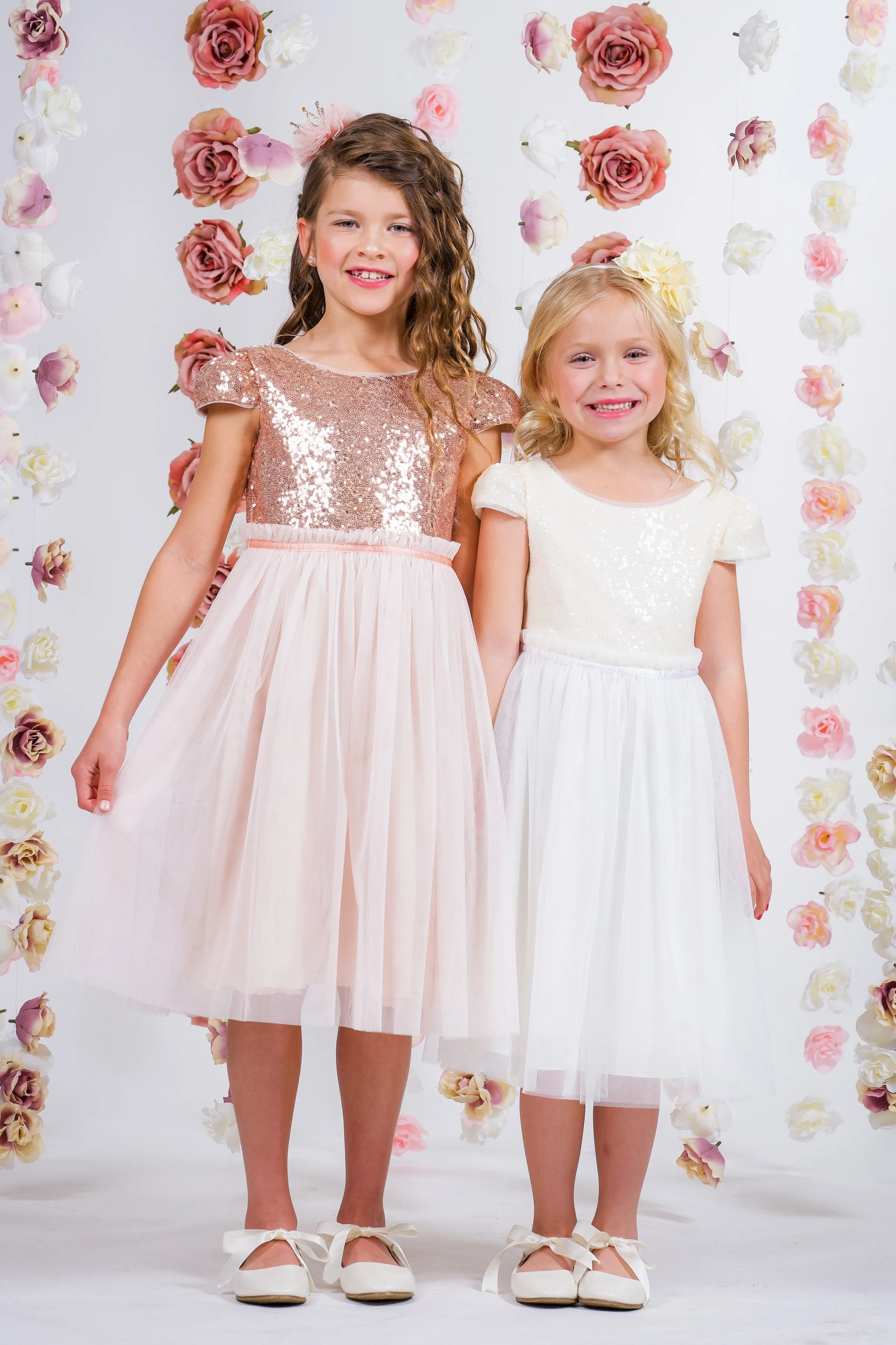 Ivory Sequin Mesh Pleated Girls Dress