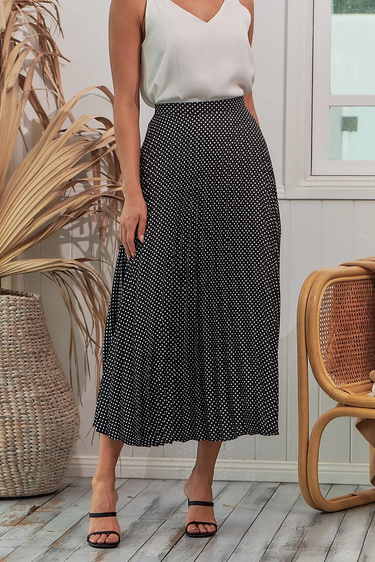 Joan Pleated Black Polka Dot Skirt