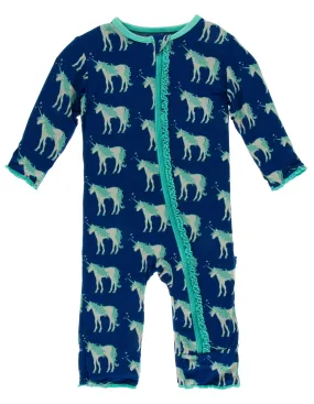 KicKee Pants Flag Blue Unicorns Muffin Ruffle Coverall with Zipper