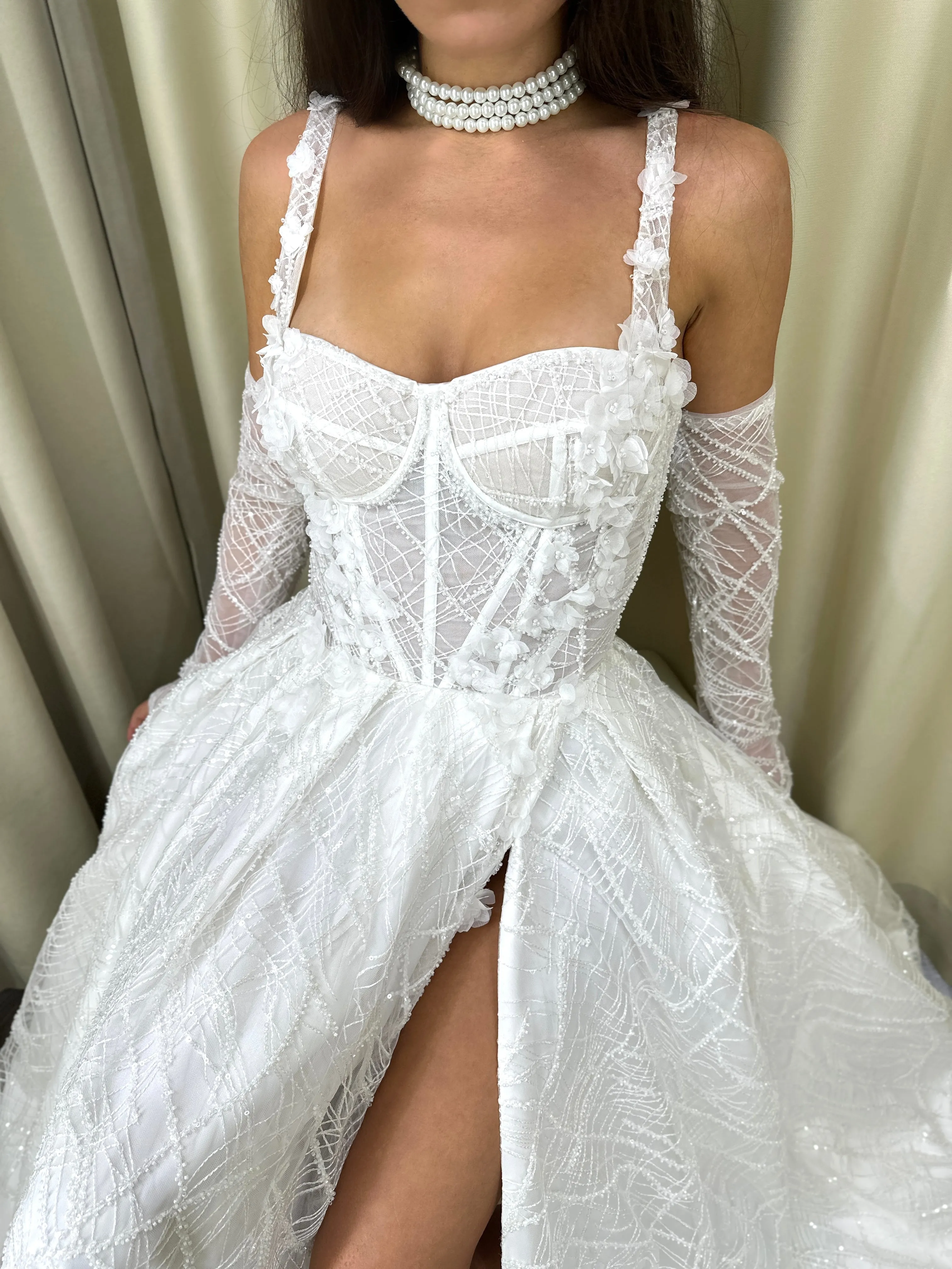 Lace Modern A-line wedding gown CELINE with gloves