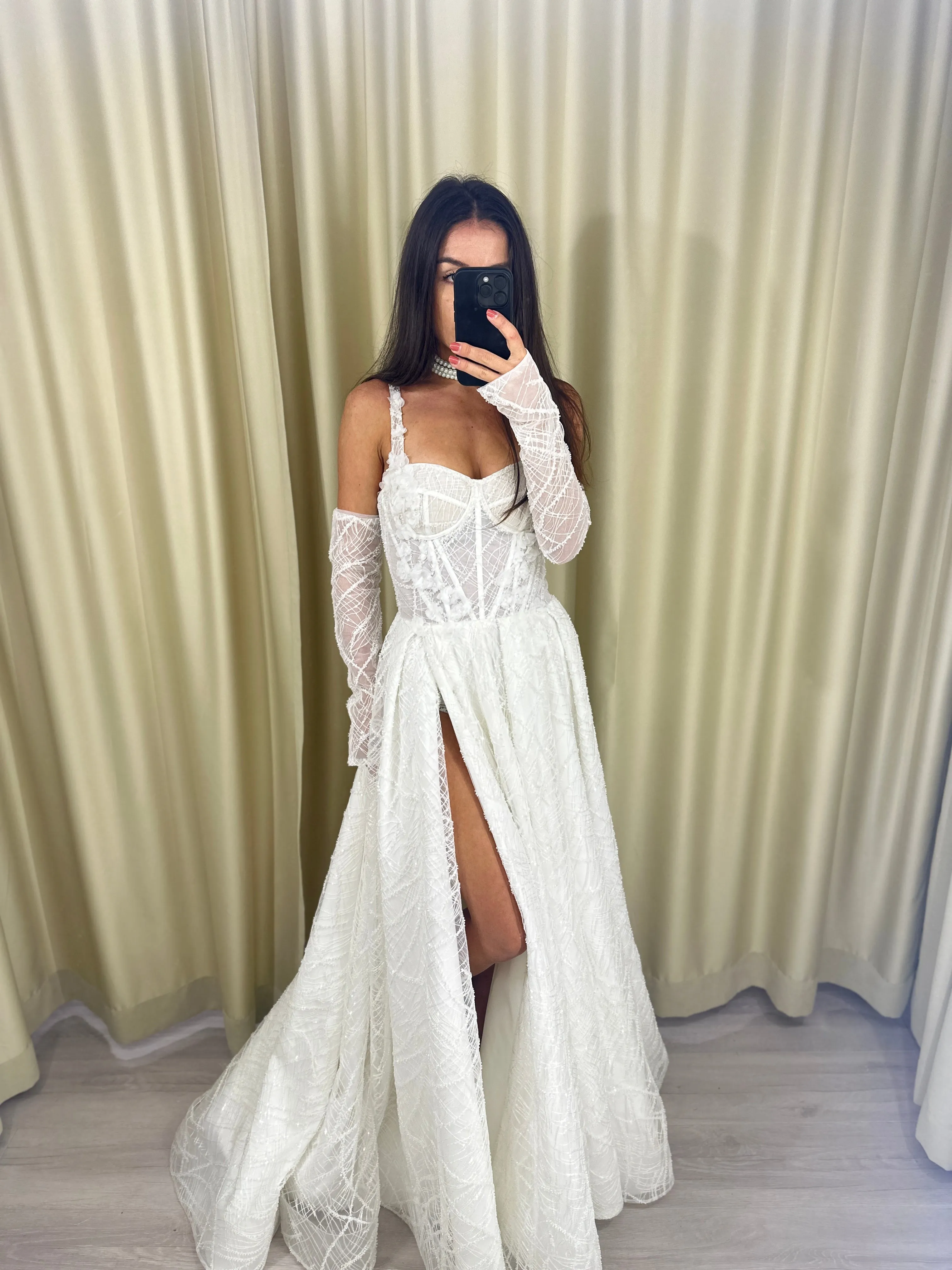 Lace Modern A-line wedding gown CELINE with gloves