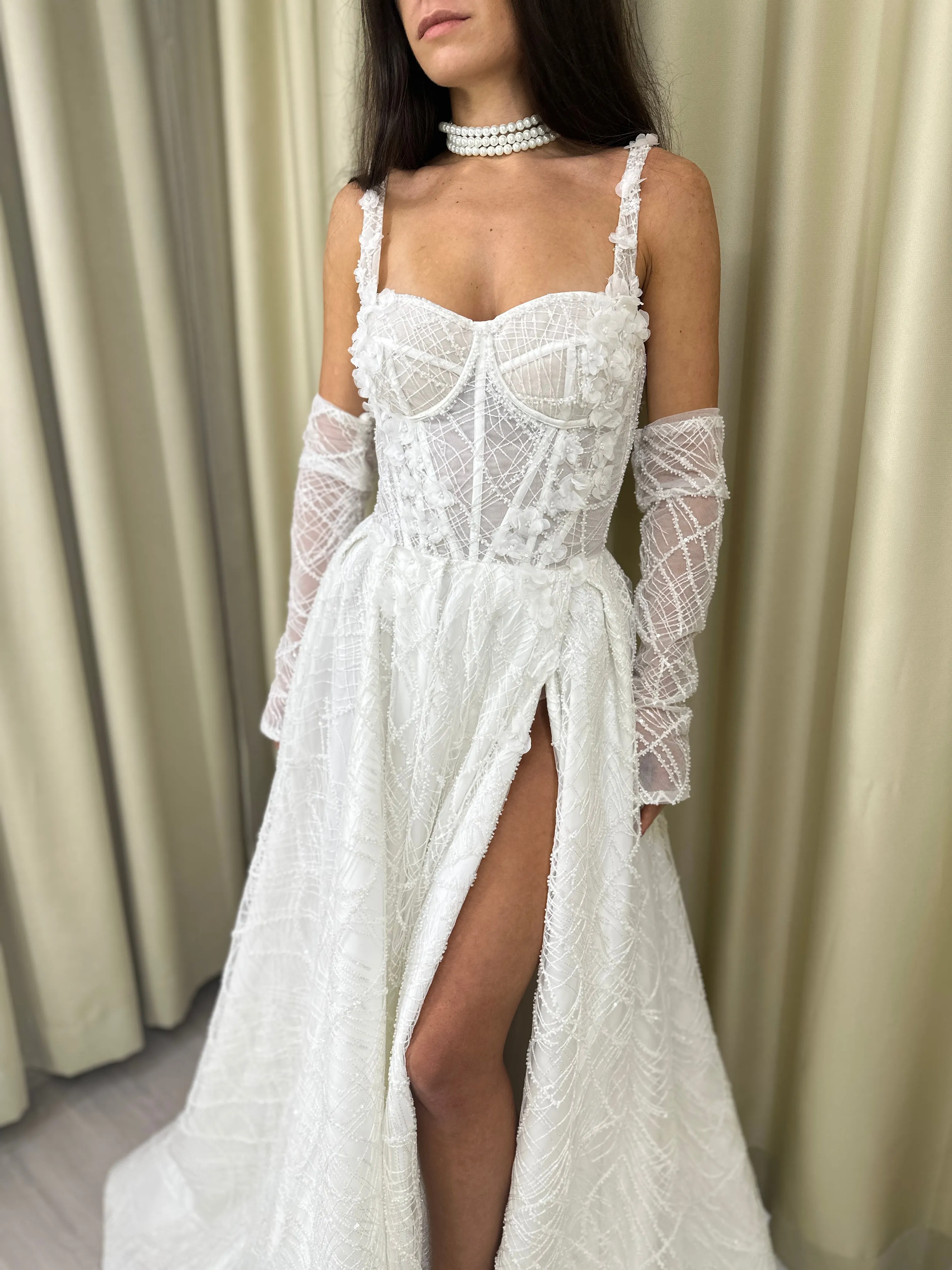 Lace Modern A-line wedding gown CELINE with gloves