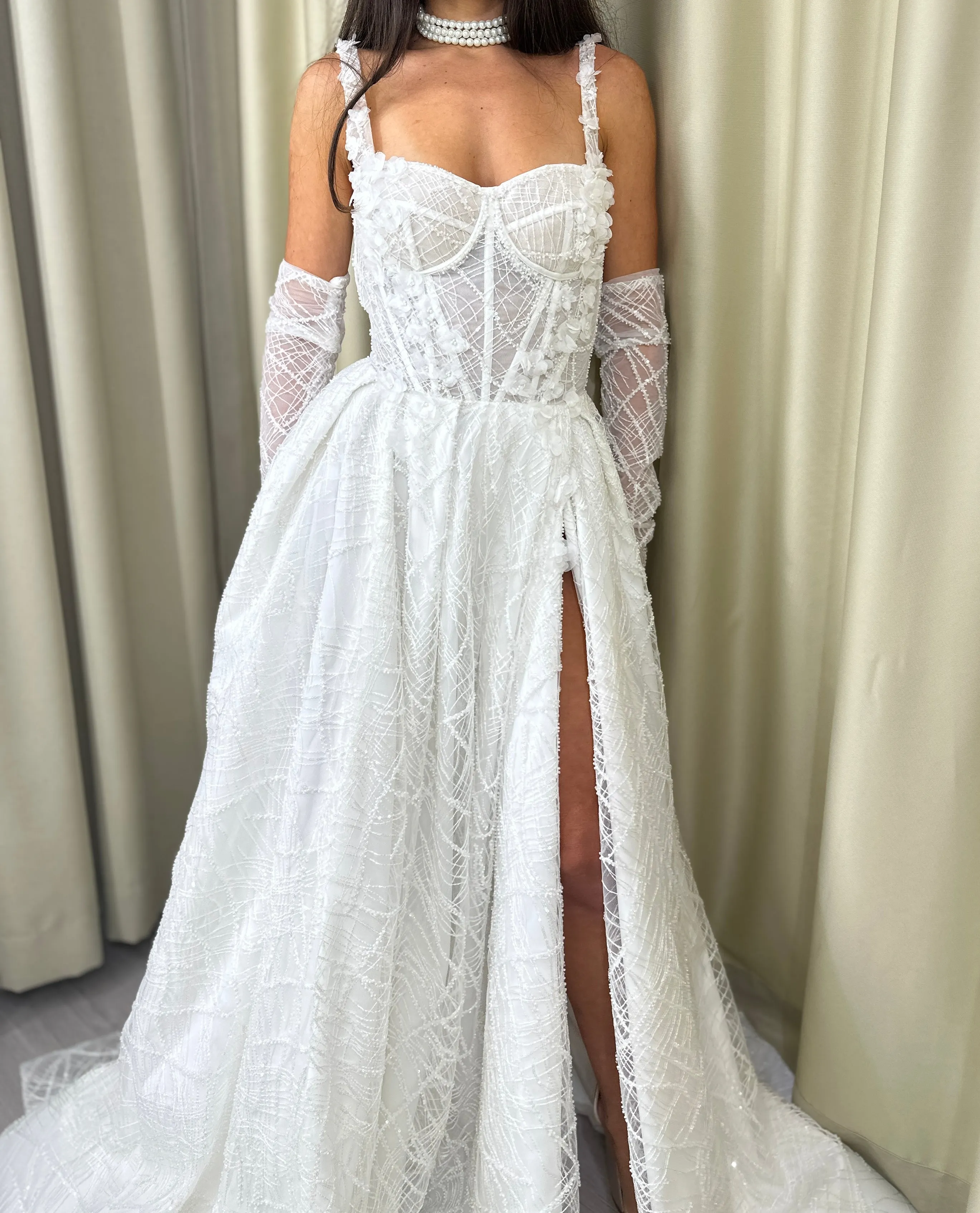 Lace Modern A-line wedding gown CELINE with gloves